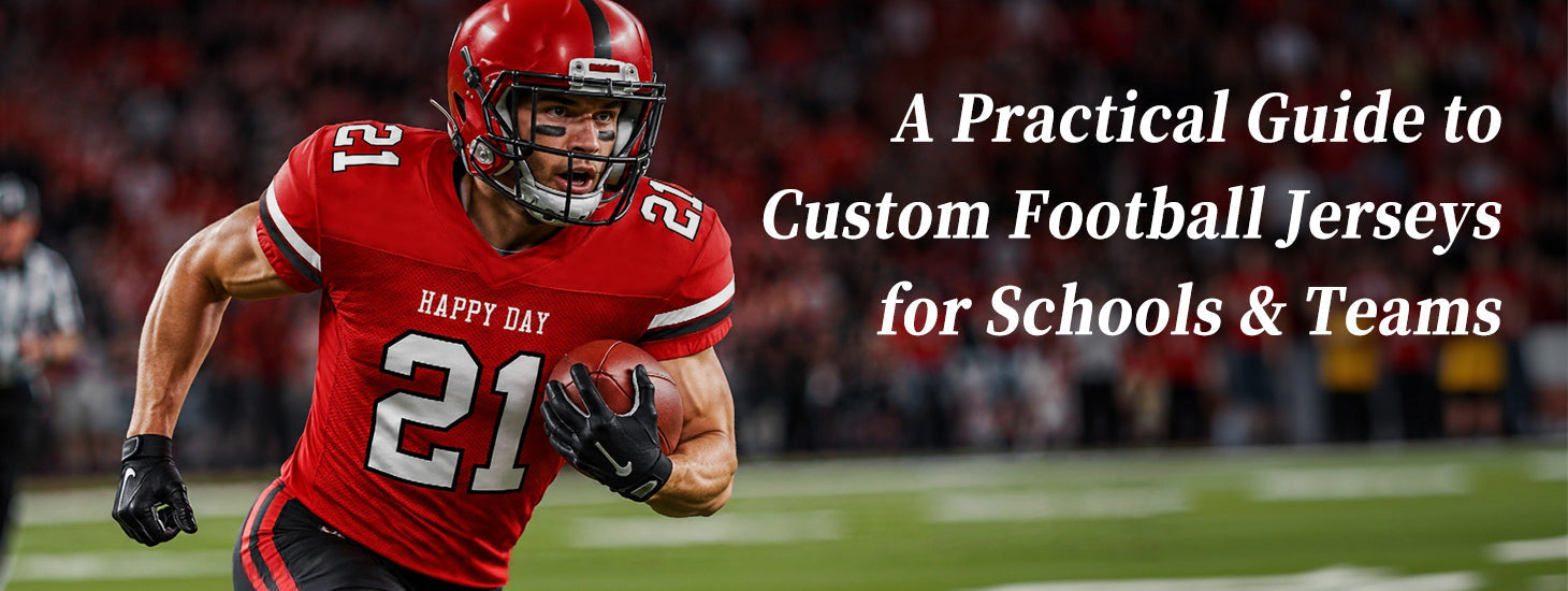 Football player in a custom red team jersey on the field, showcasing personalized school and team football uniforms