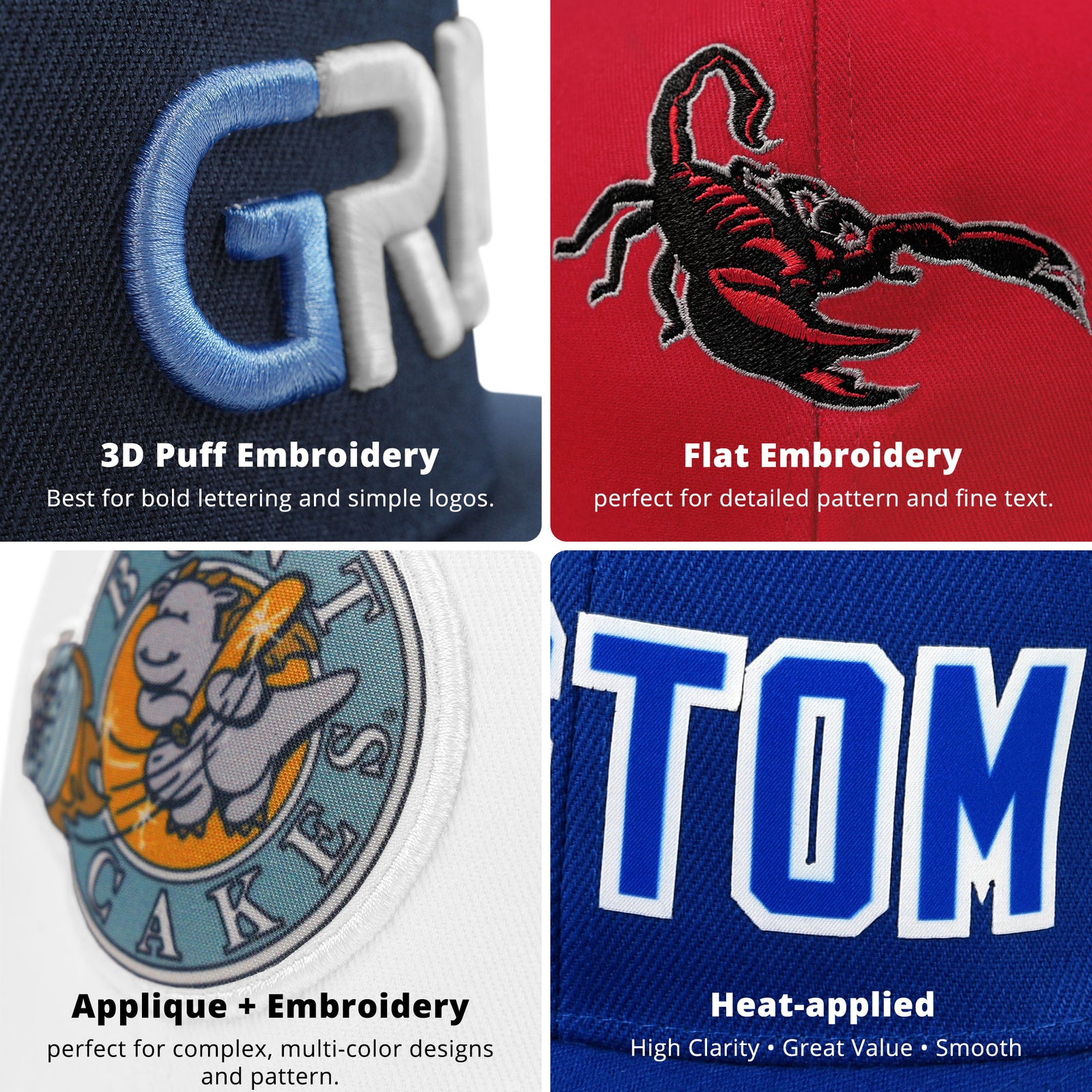 Custom White 3D Puff Embroidery Flat Embroidery Flat Eaves Sport Baseball Cap Design for Men/Women/Youth