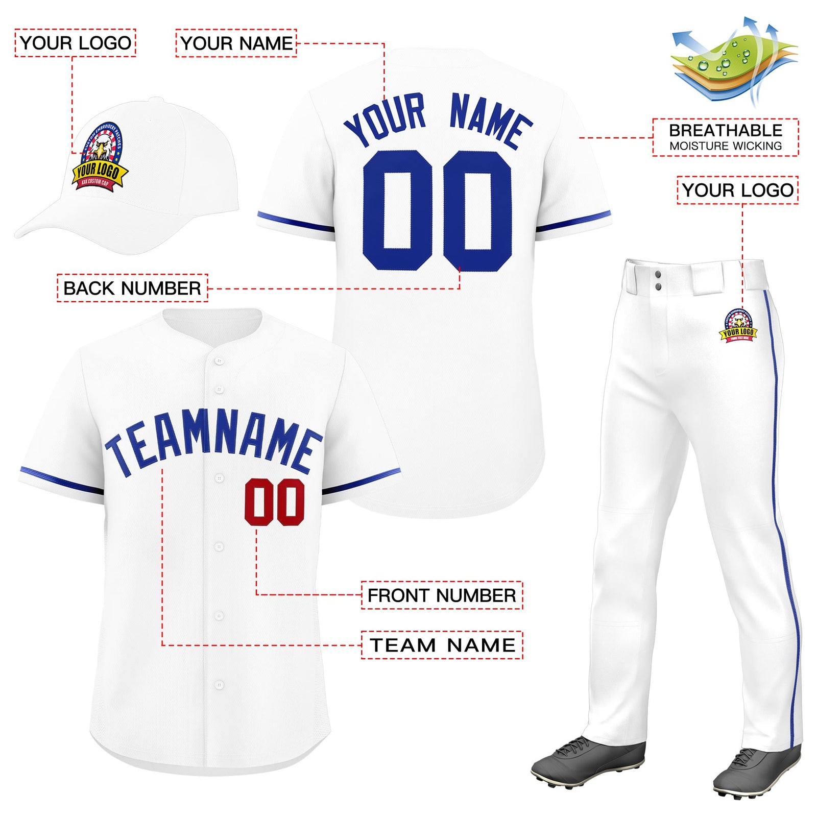 Custom White Royal Blue Classic Style Baseball Uniform Jersey/Pants/Hat Package For Team |KXKSHOP