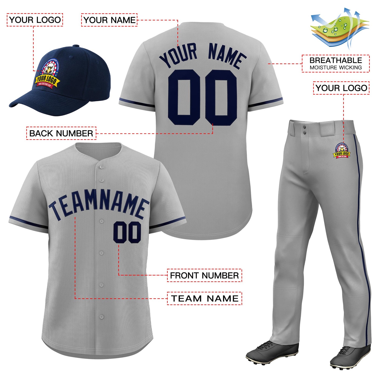 Custom Gray Navy Classic Style Baseball Uniform Jersey/Pants/Hat Package For Team |KXKSHOP