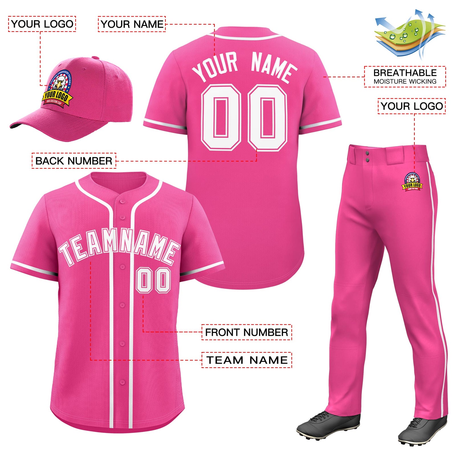 Custom Pink White Classic Style Baseball Uniform Jersey/Pants/Hat Package For Team |KXKSHOP