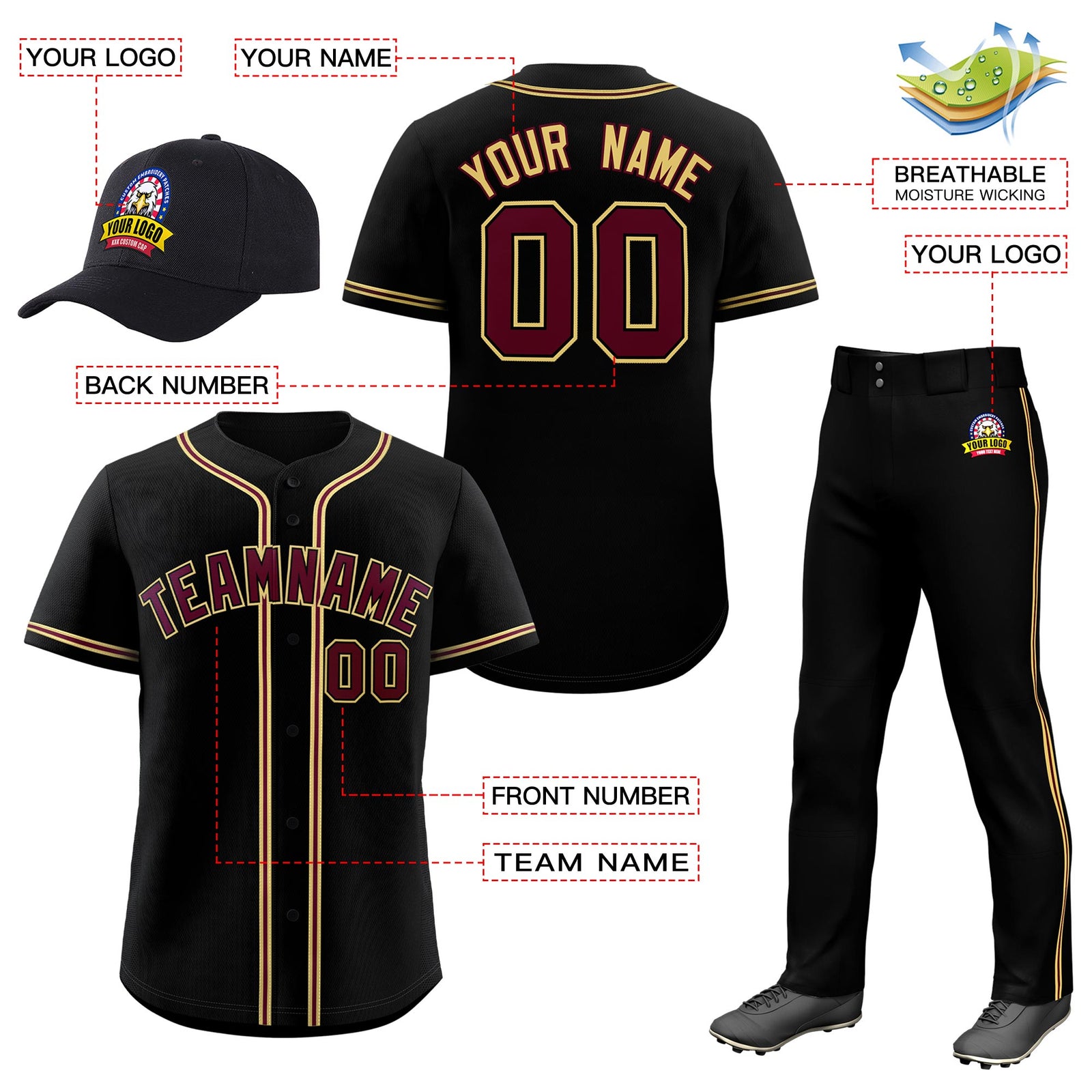 Custom Black Crimson Classic Style Baseball Uniform Jersey/Pants/Hat Package For Team |KXKSHOP