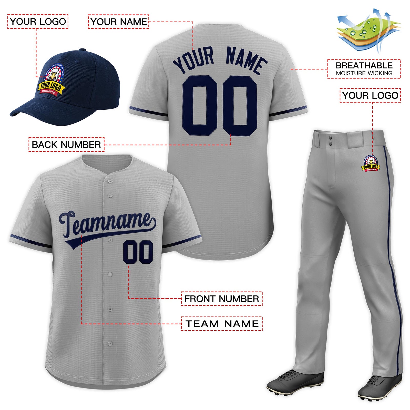 Custom Gray Navy Classic Style Baseball Uniform Jersey/Pants/Hat Package For Team |KXKSHOP
