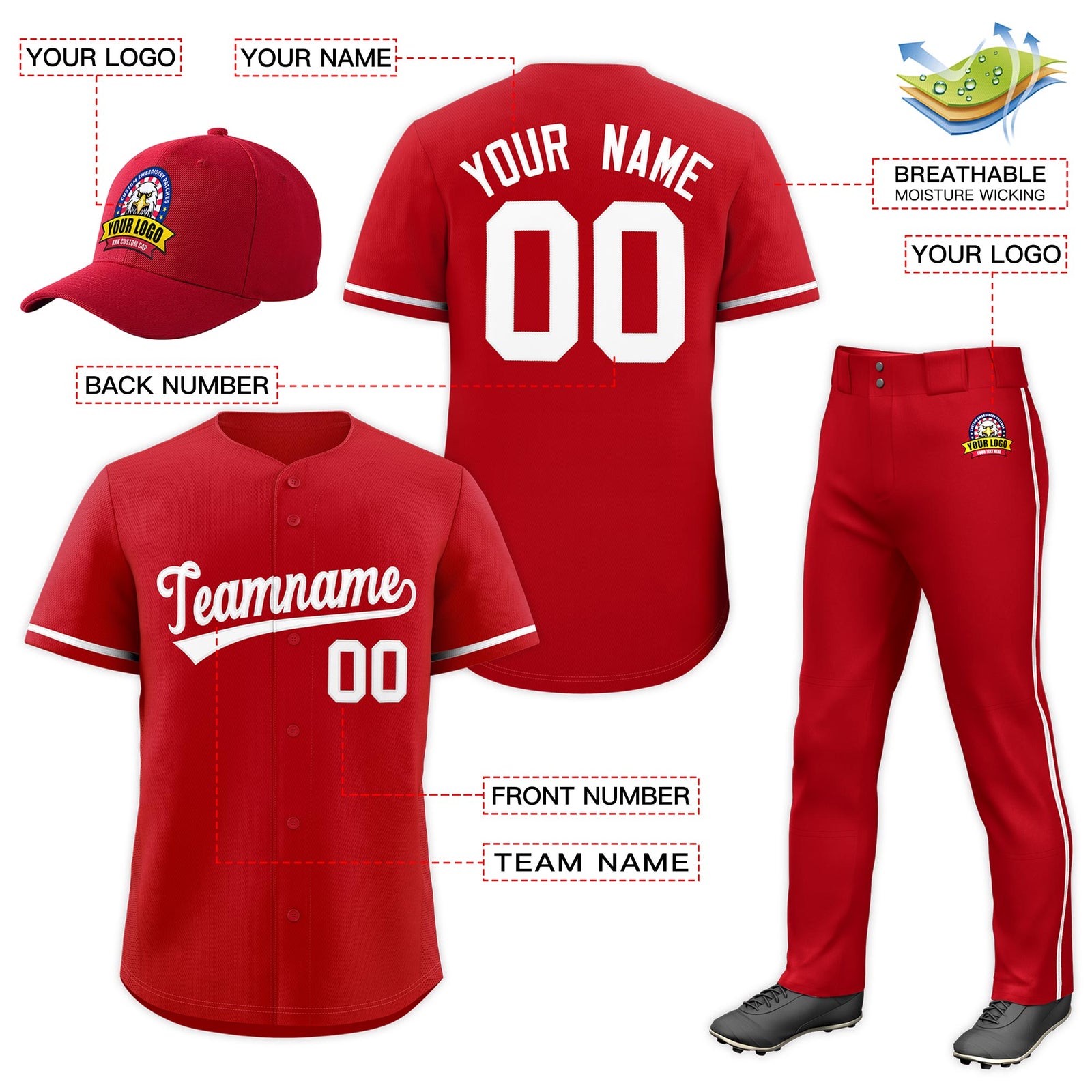 Custom Red White Classic Style Baseball Uniform Jersey/Pants/Hat Package For Team |KXKSHOP