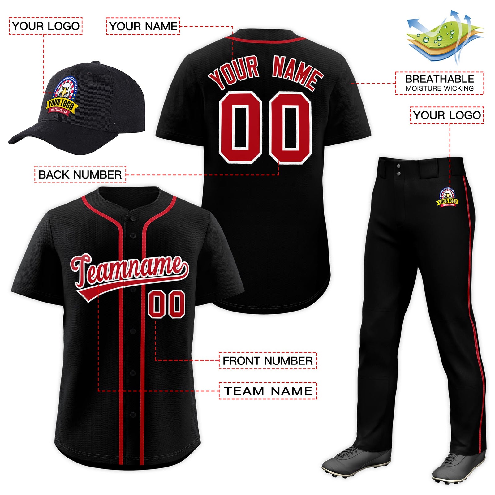 Custom Black Red Classic Style Baseball Uniform Jersey/Pants/Hat Package For Team |KXKSHOP