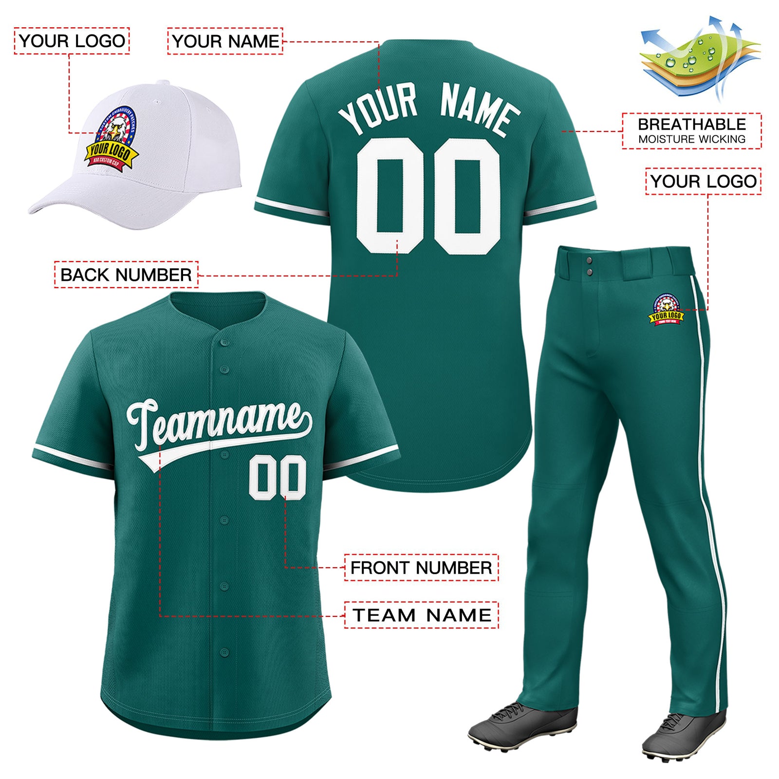 Custom Teal White Classic Style Baseball Uniform Jersey/Pants/Hat Package For Team |KXKSHOP