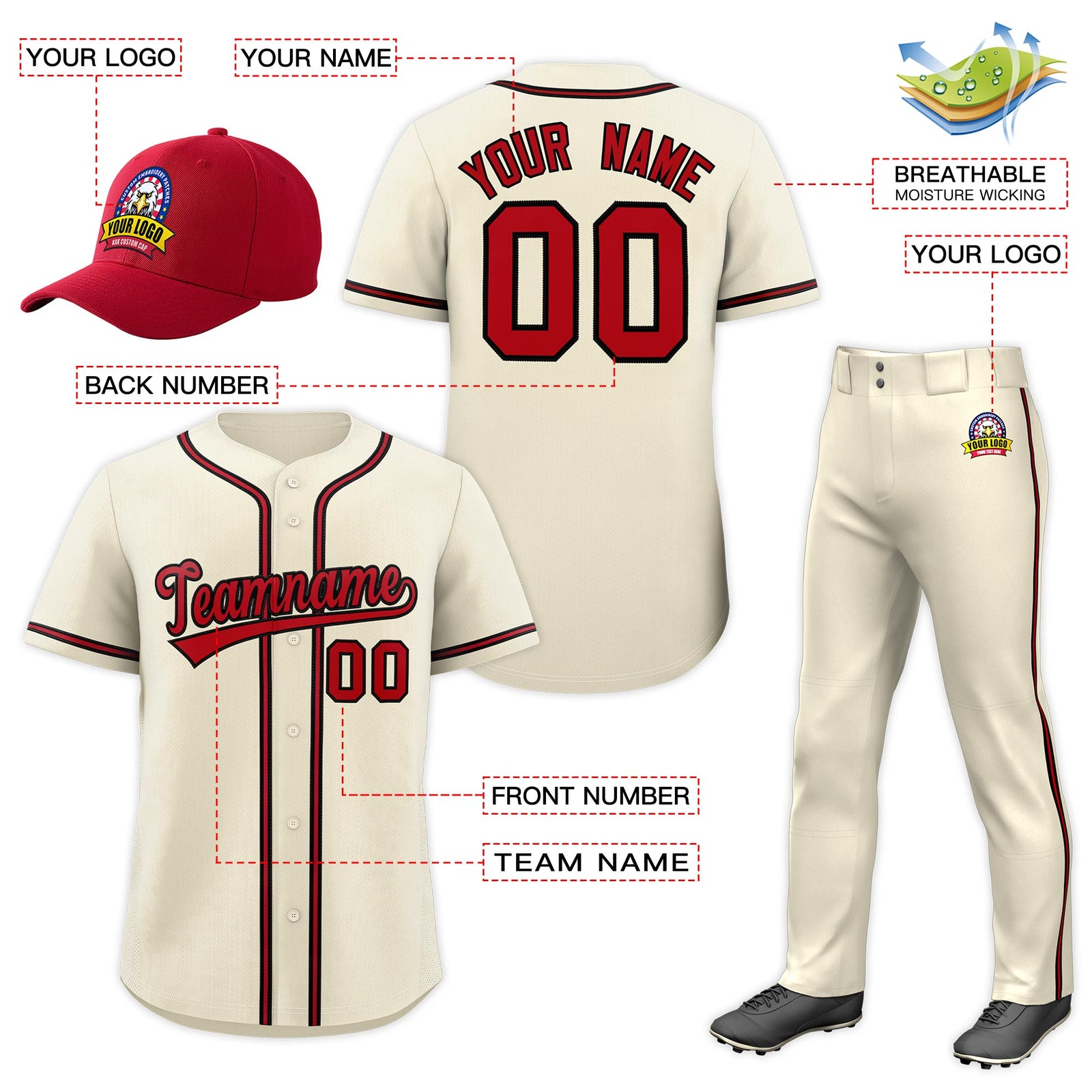 Custom Cream Red Classic Style Baseball Uniform Jersey/Pants/Hat Package For Team |KXKSHOP