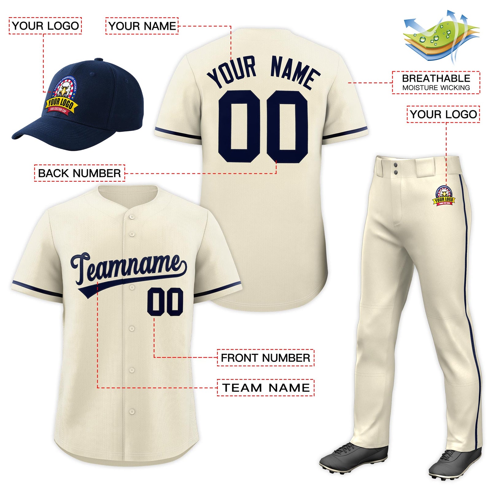 Custom Cream Navy Classic Style Baseball Uniform Jersey/Pants/Hat Package For Team |KXKSHOP