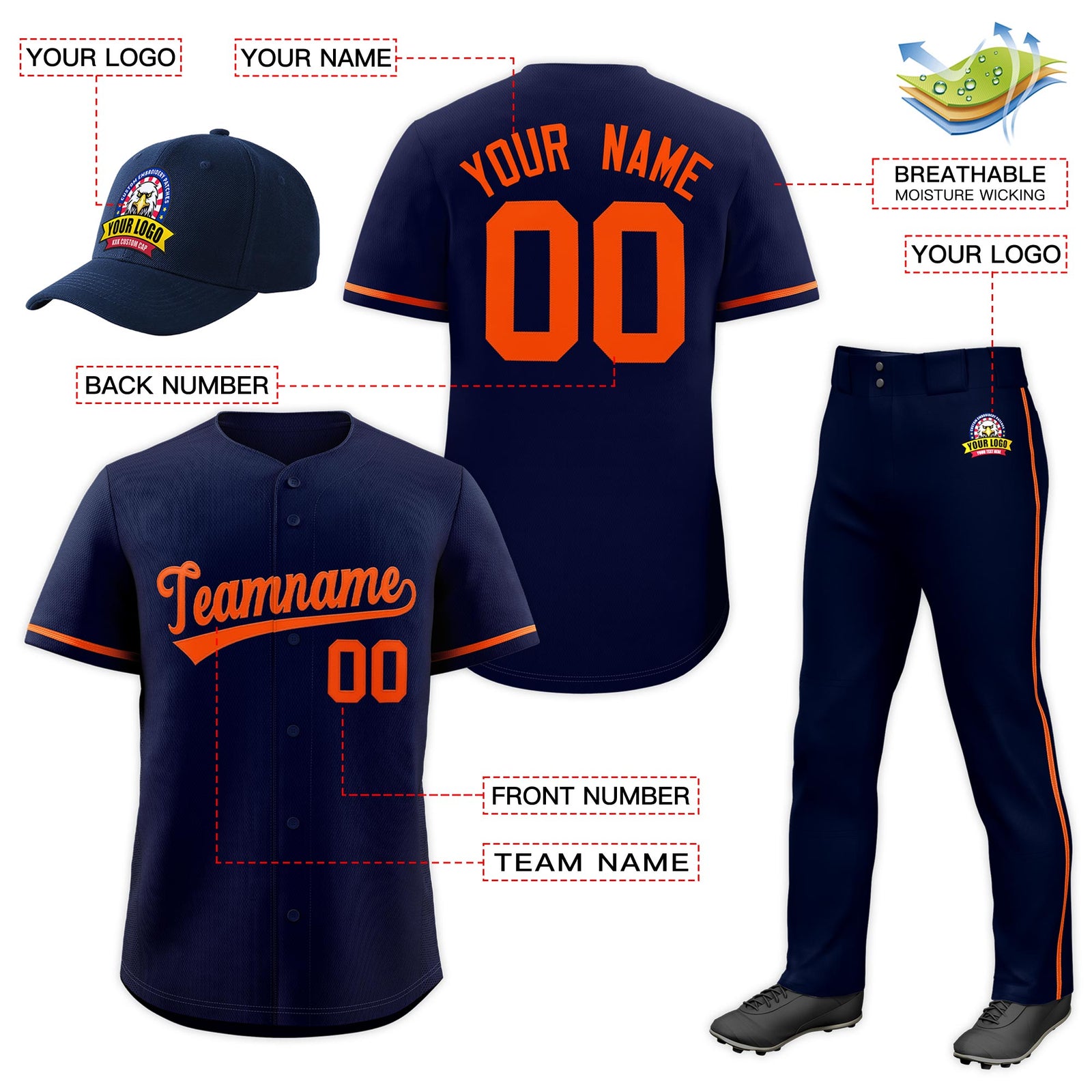 Custom Navy Orange Classic Style Baseball Uniform Jersey/Pants/Hat Package For Team |KXKSHOP