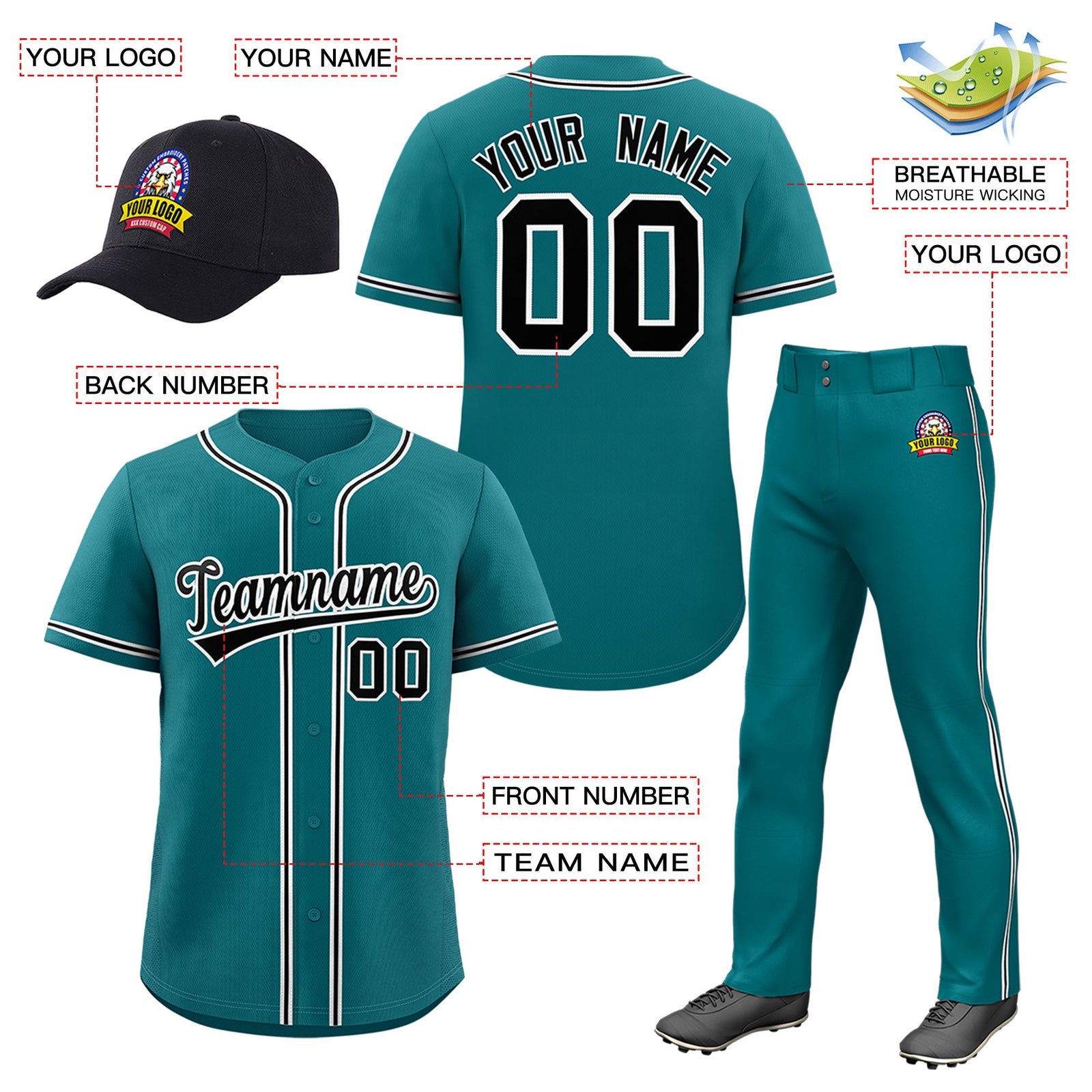 Custom Teal Black Classic Style Baseball Uniform Jersey/Pants/Hat Package For Team |KXKSHOP