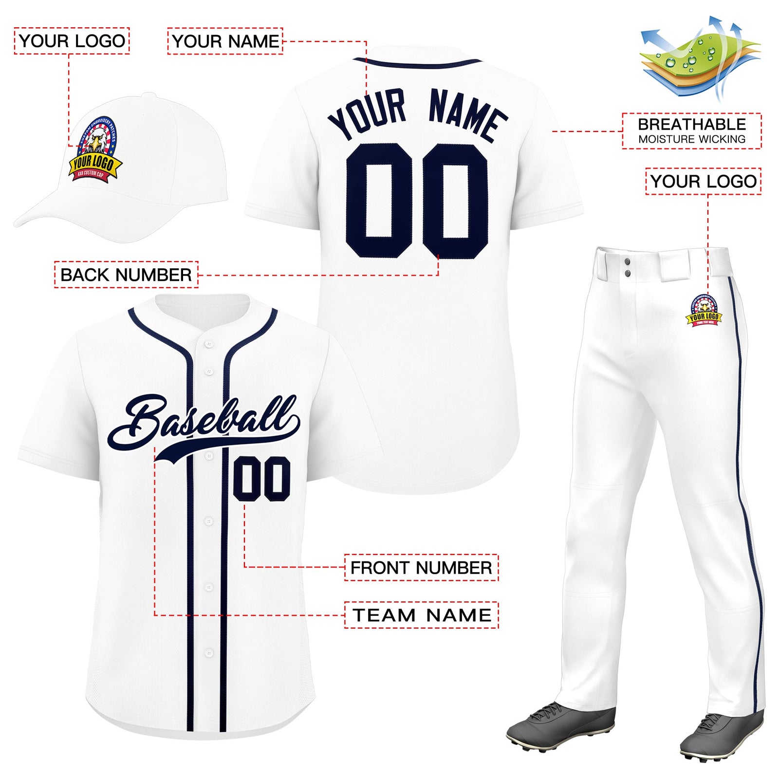 Custom White Navy Classic Style Baseball Uniform Jersey/Pants/Hat Package For Team |KXKSHOP