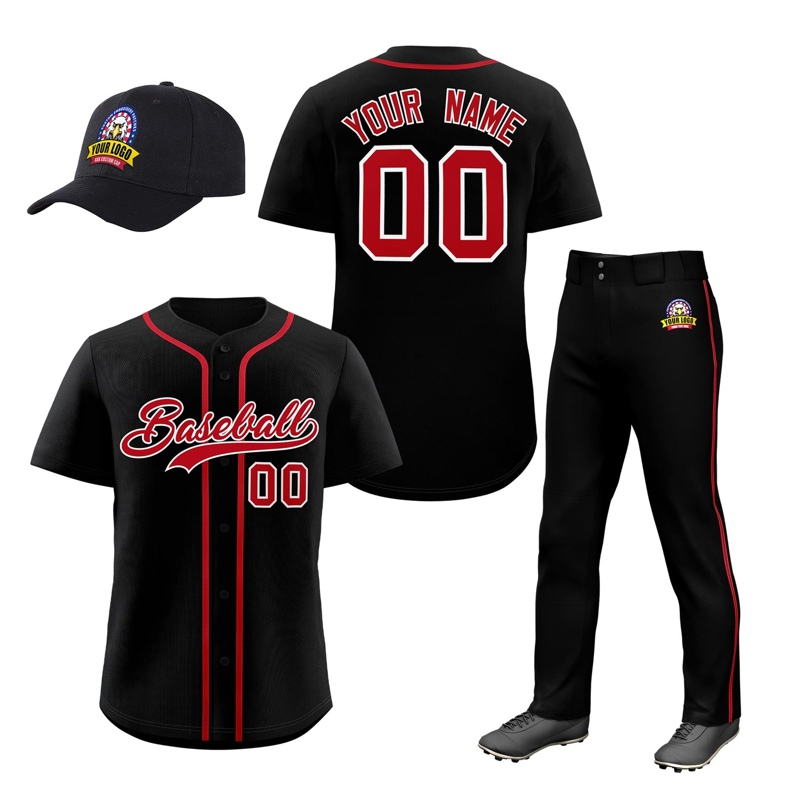 Custom Black Red Classic Style Baseball Uniform Jersey/Pants/Hat Package For Team |KXKSHOP
