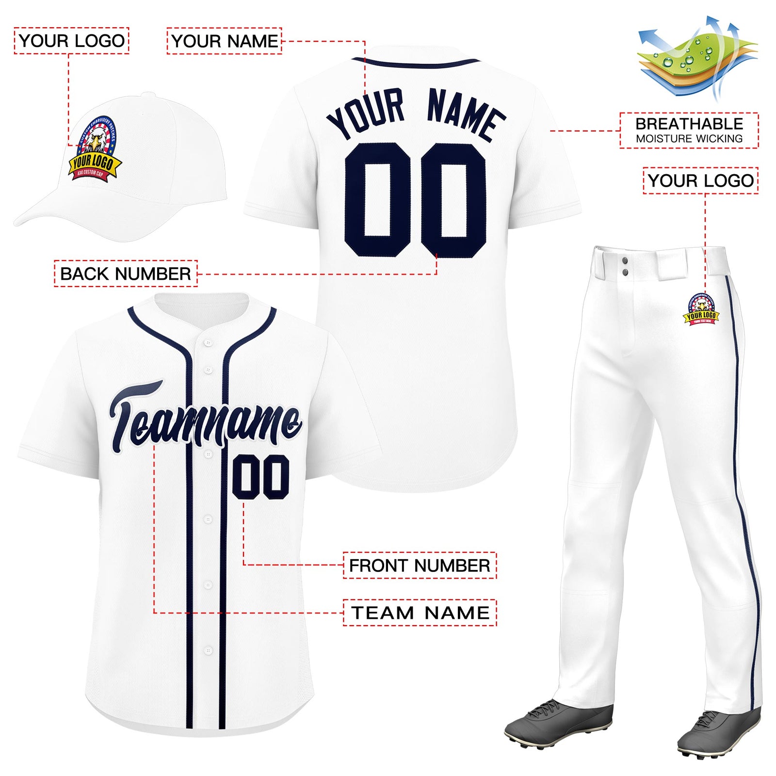 Custom White Navy Classic Style Baseball Uniform Jersey/Pants/Hat Package For Team |KXKSHOP