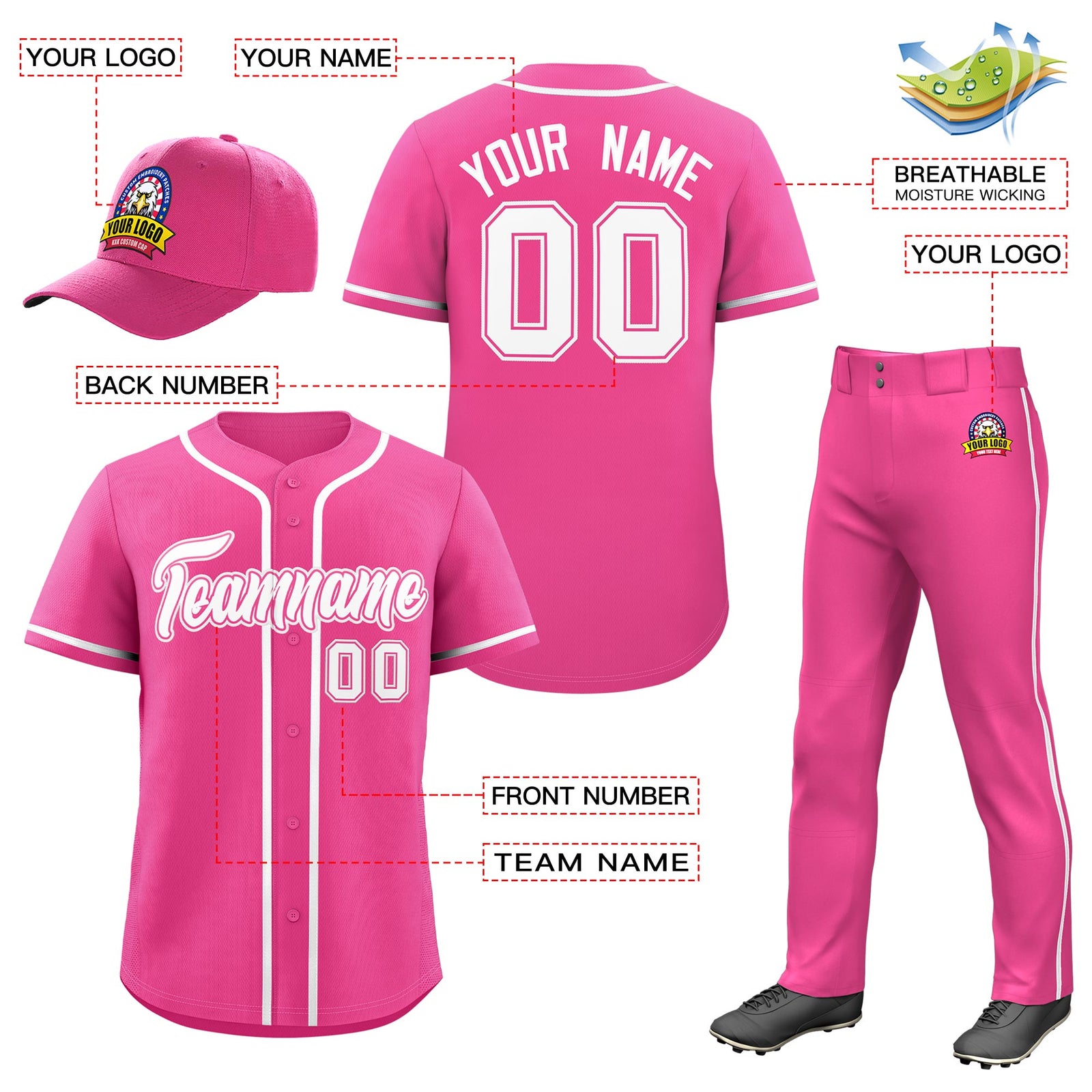 Custom Pink White Classic Style Baseball Uniform Jersey/Pants/Hat Package For Team |KXKSHOP