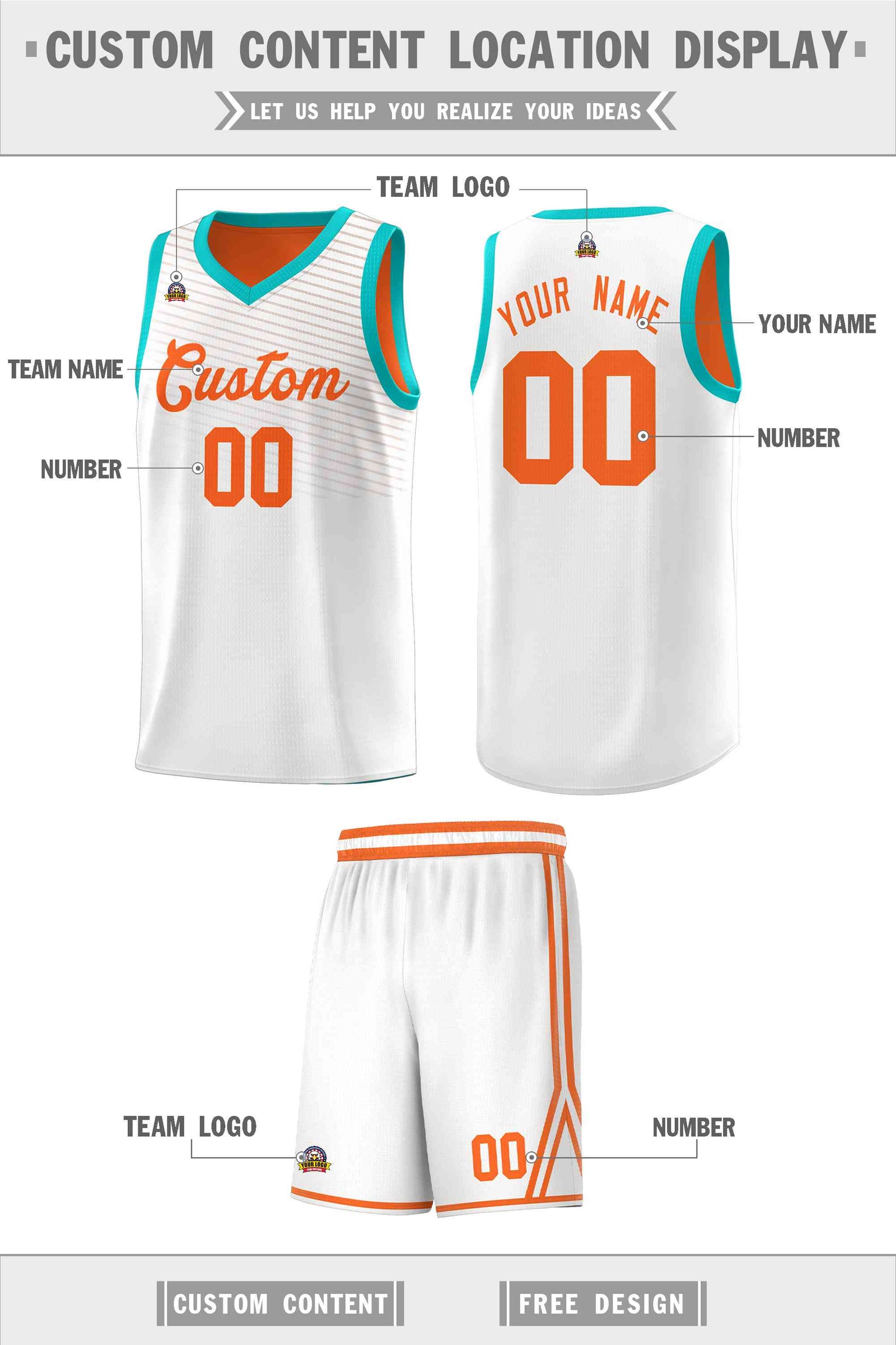 Custom White Orange Chest Slash Patttern Sports Uniform Basketball Jersey