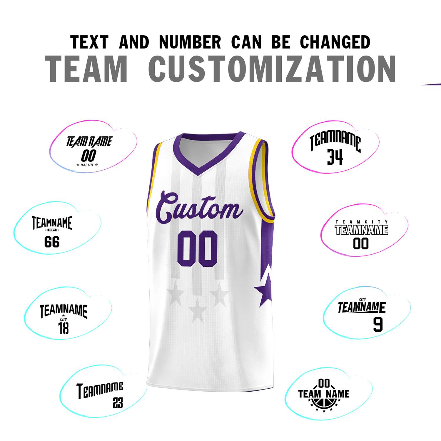 Custom White Purple and Gold Gradient Star Graffiti Pattern Sports Uniform Basketball Jersey