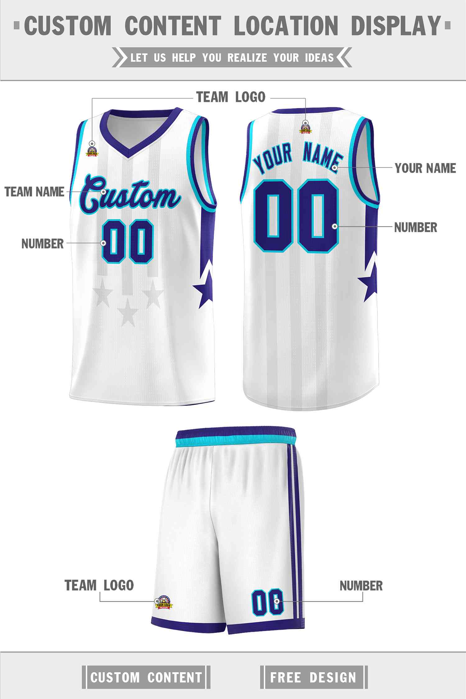 Custom White Purple and Sky Blue Gradient Star Graffiti Pattern Sports Uniform Basketball Jersey