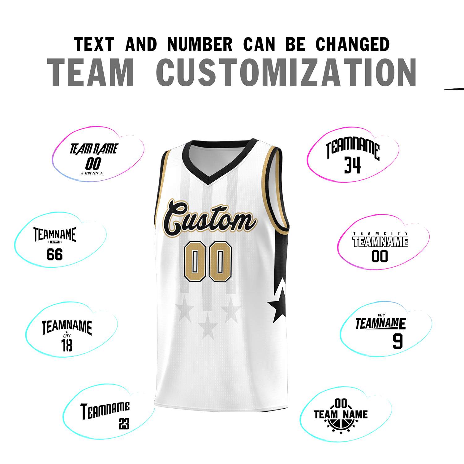 Custom White Black and Old Gold Gradient Star Graffiti Pattern Sports Uniform Basketball Jersey