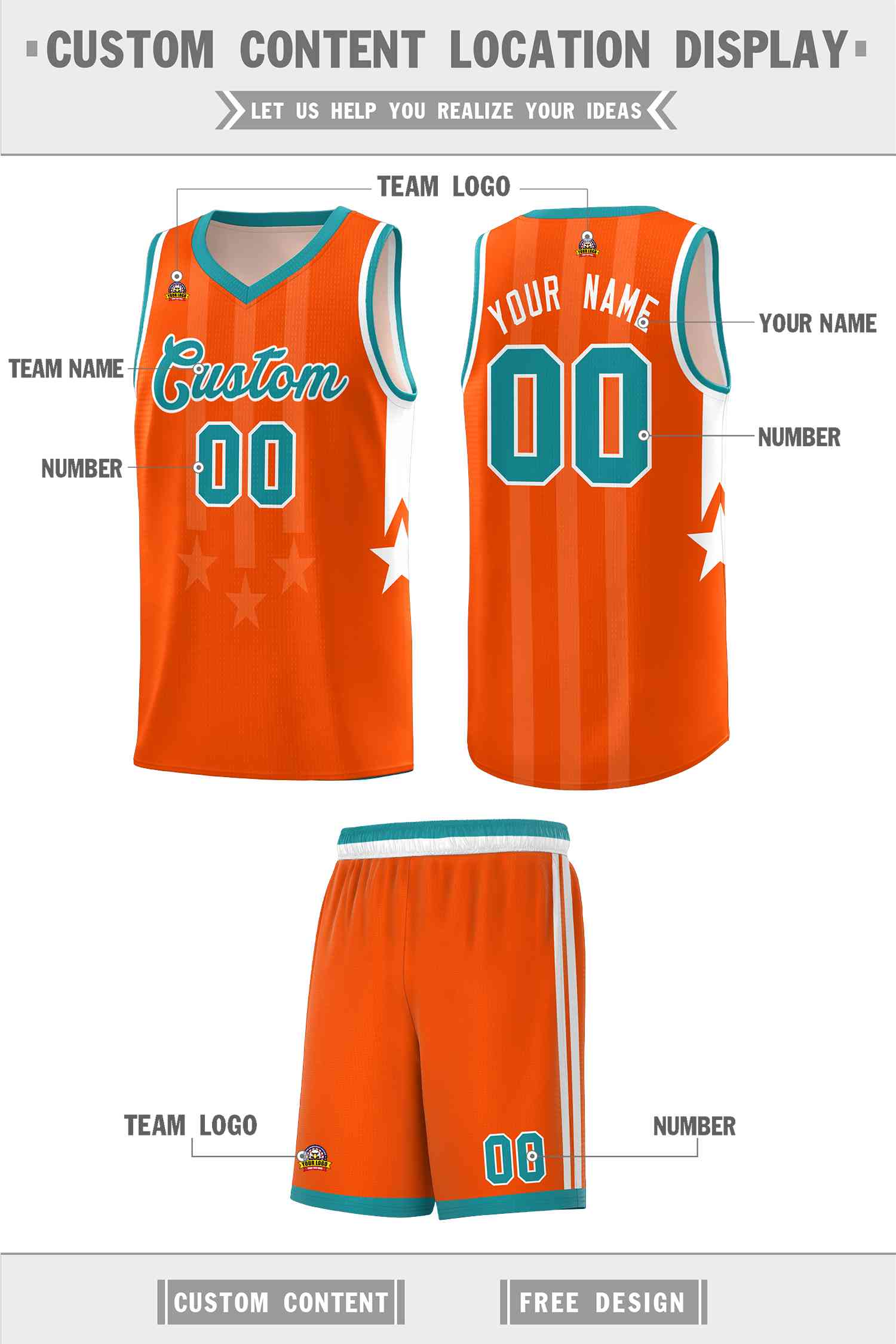 Custom Orange Aqua and White Gradient Star Graffiti Pattern Sports Uniform Basketball Jersey