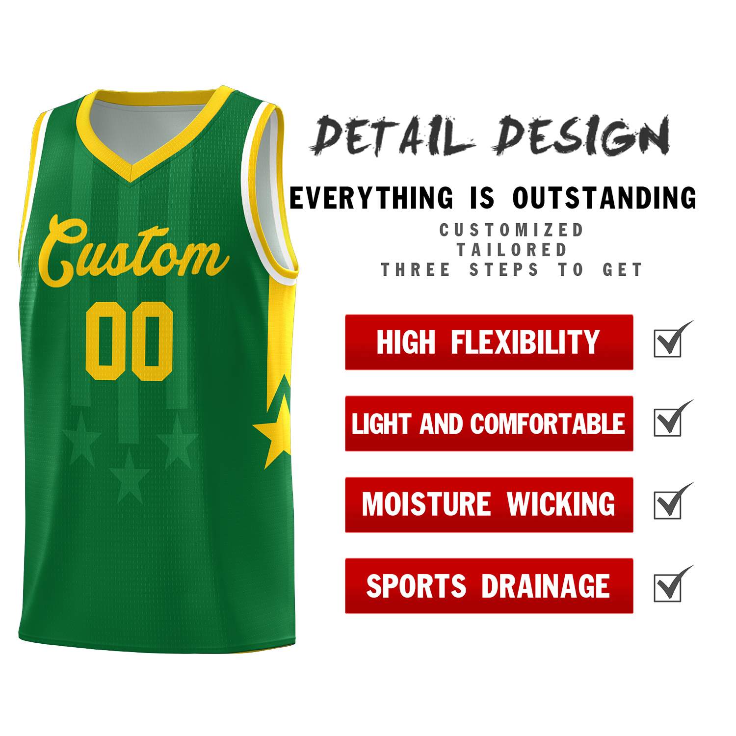 Custom Kelly Green Gold and White Gradient Star Graffiti Pattern Sports Uniform Basketball Jersey
