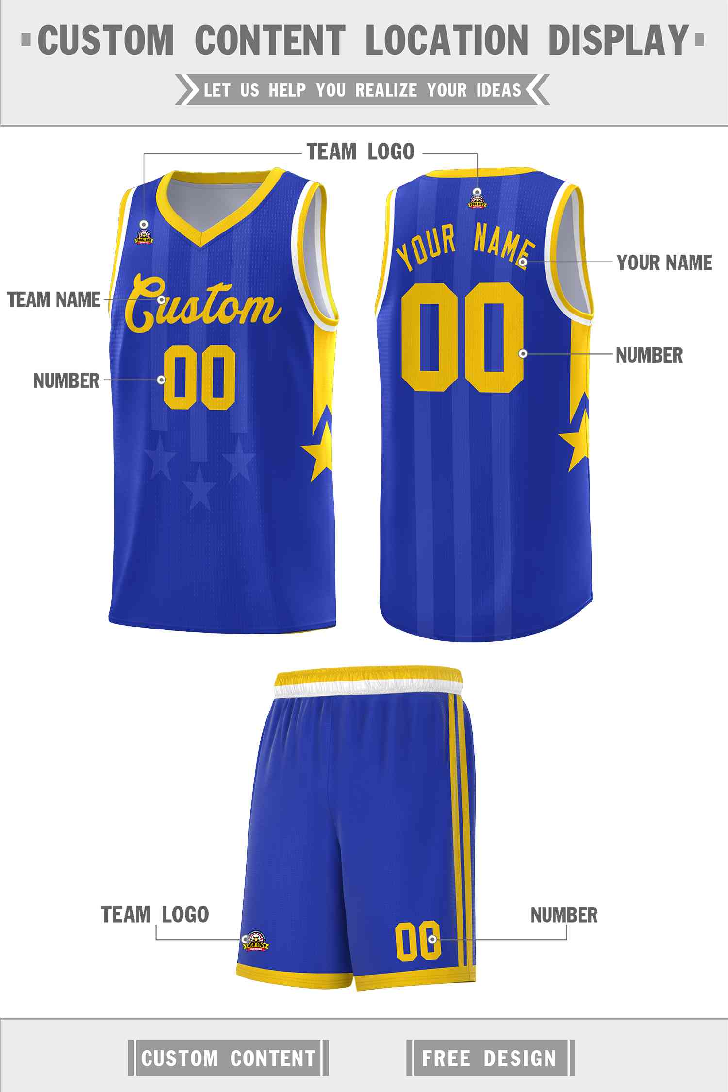 Custom Royal Gold and White Gradient Star Graffiti Pattern Sports Uniform Basketball Jersey