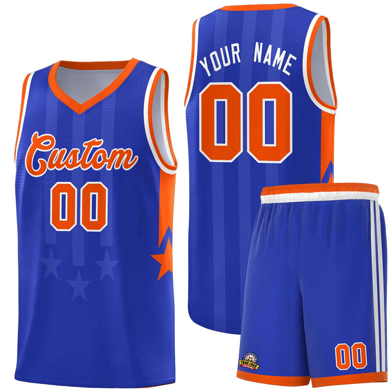 Custom Royal Orange and White Gradient Star Graffiti Pattern Sports Uniform Basketball Jersey