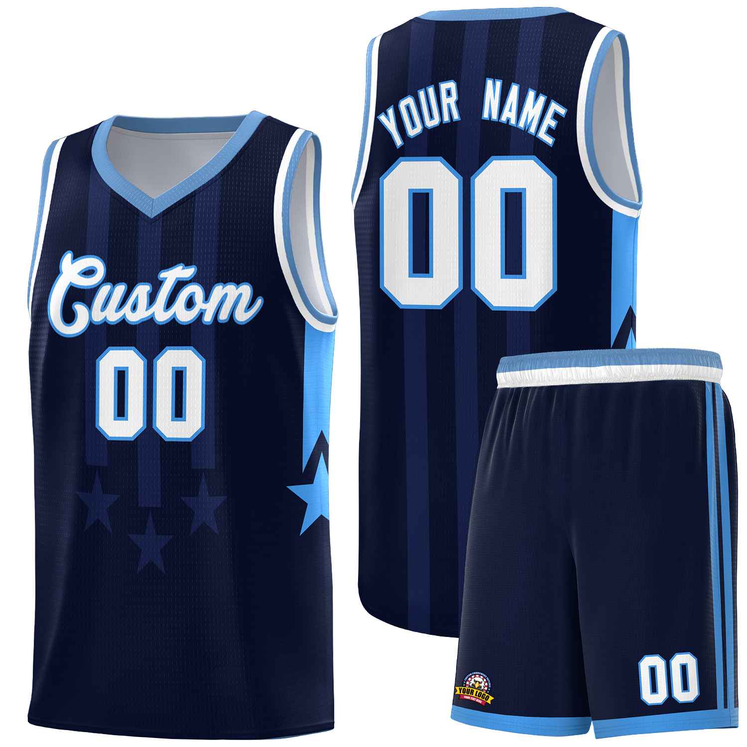 Custom Navy Light Blue and White Gradient Star Graffiti Pattern Sports Uniform Basketball Jersey