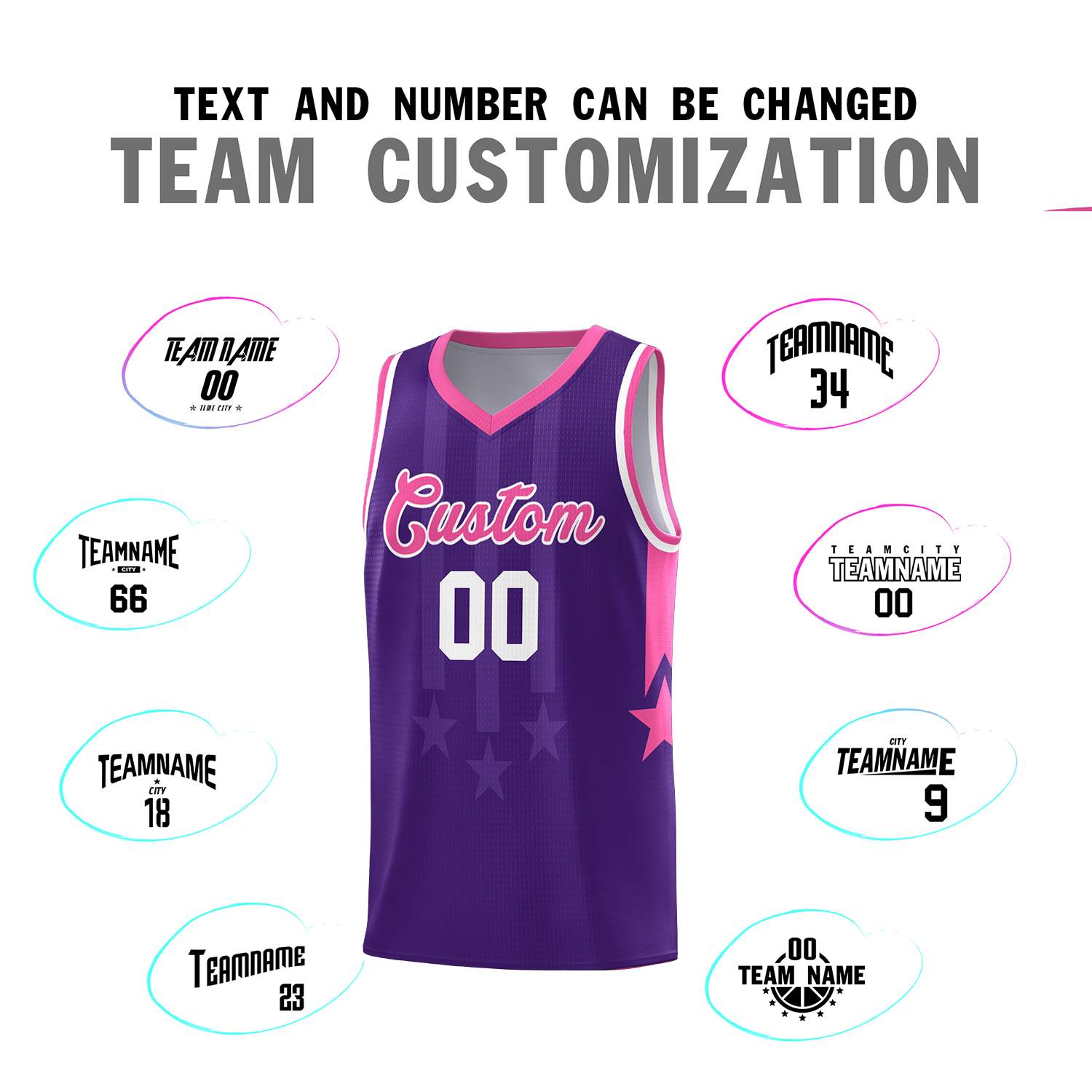Custom Purple Pink and White Gradient Star Graffiti Pattern Sports Uniform Basketball Jersey