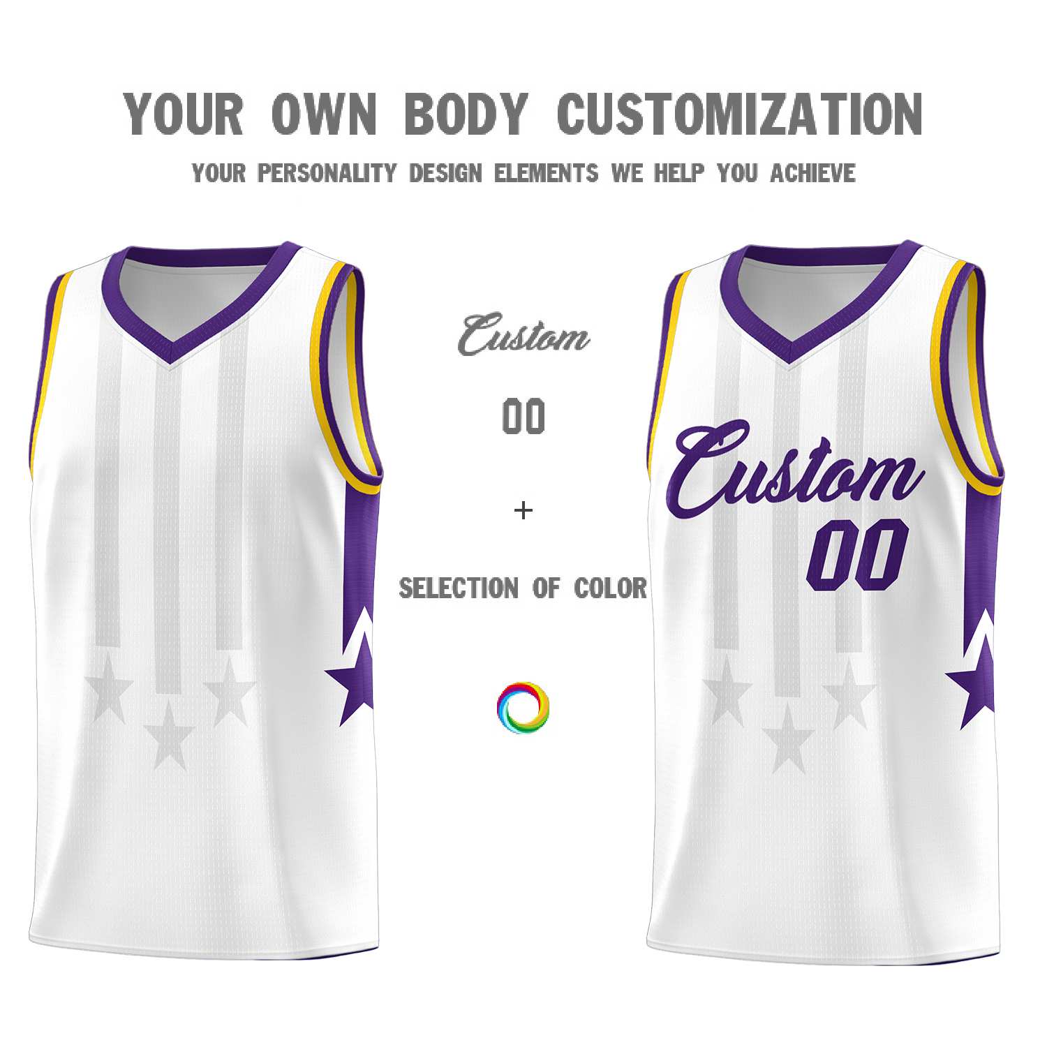 Custom White Purple and Gold Gradient Star Graffiti Pattern Sports Uniform Basketball Jersey