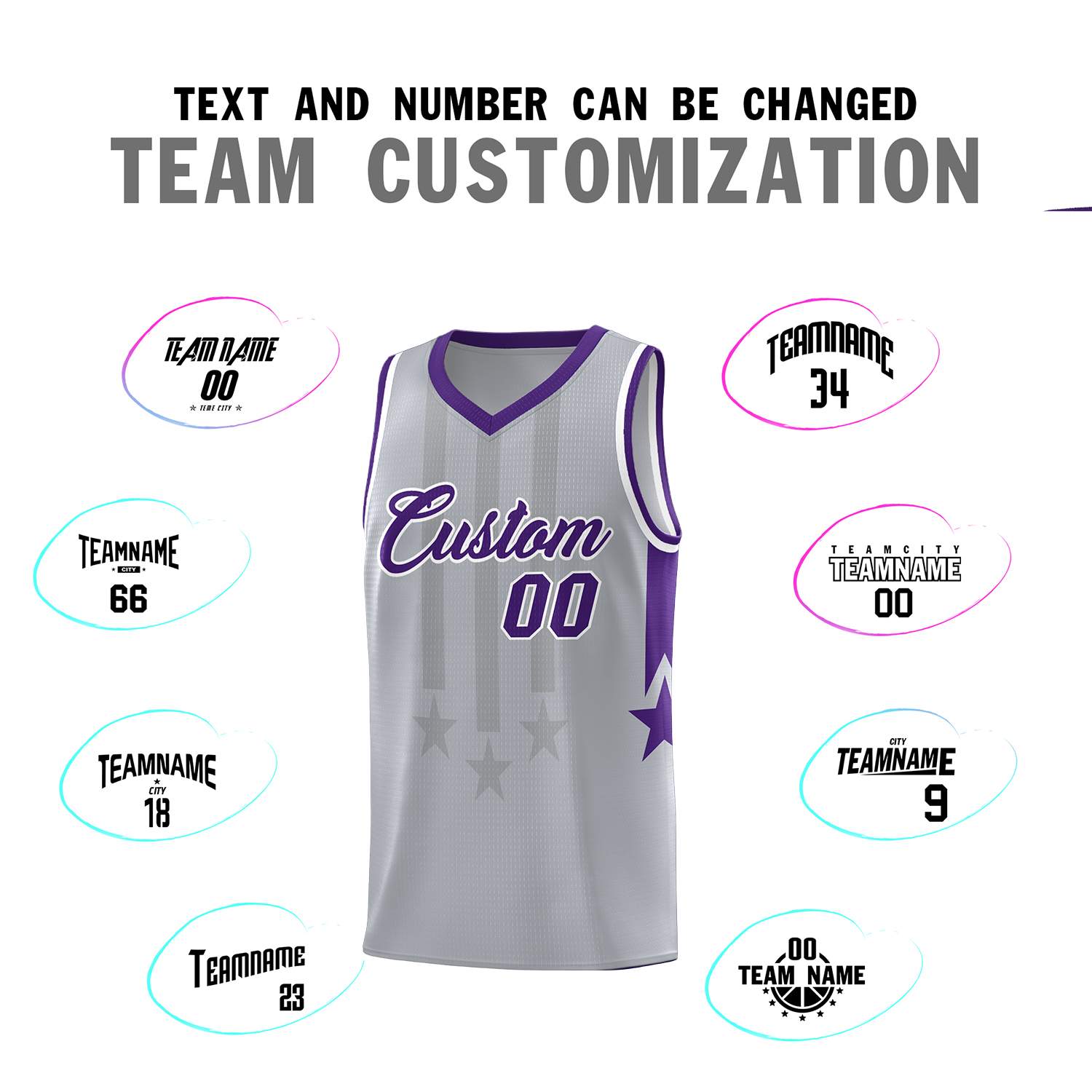 Custom Gray Purple and White Gradient Star Graffiti Pattern Sports Uniform Basketball Jersey
