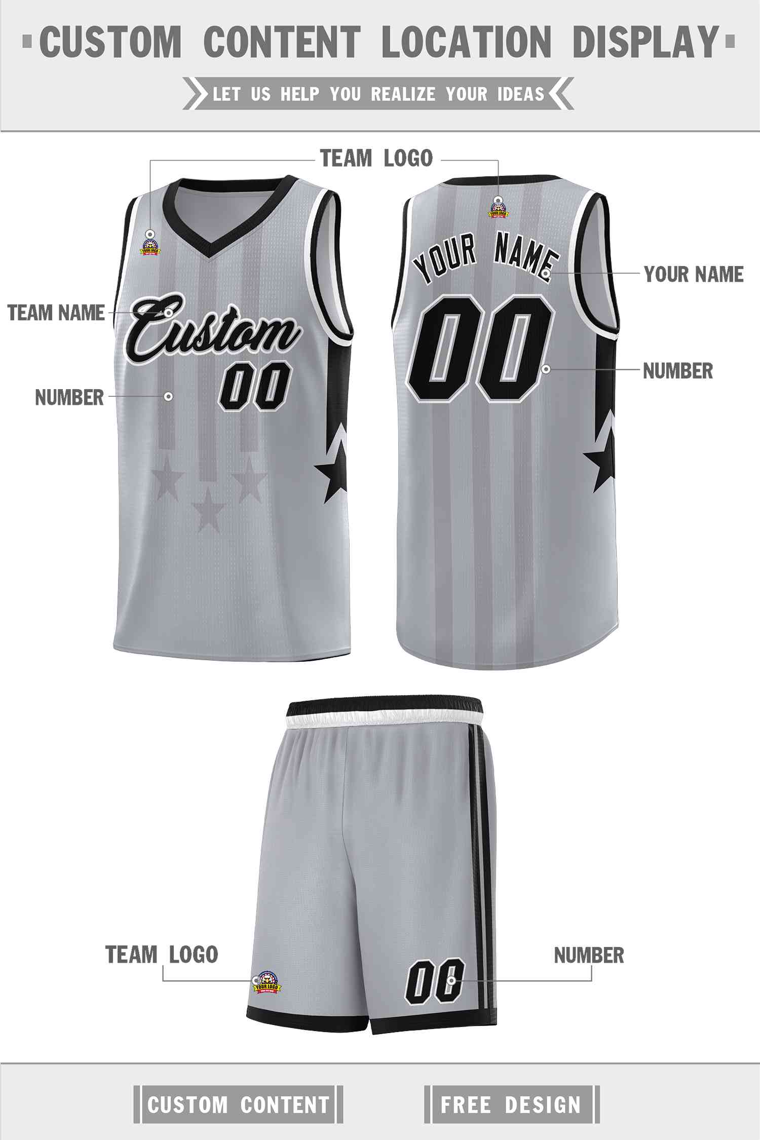 Custom Gray Black and White Gradient Star Graffiti Pattern Sports Uniform Basketball Jersey