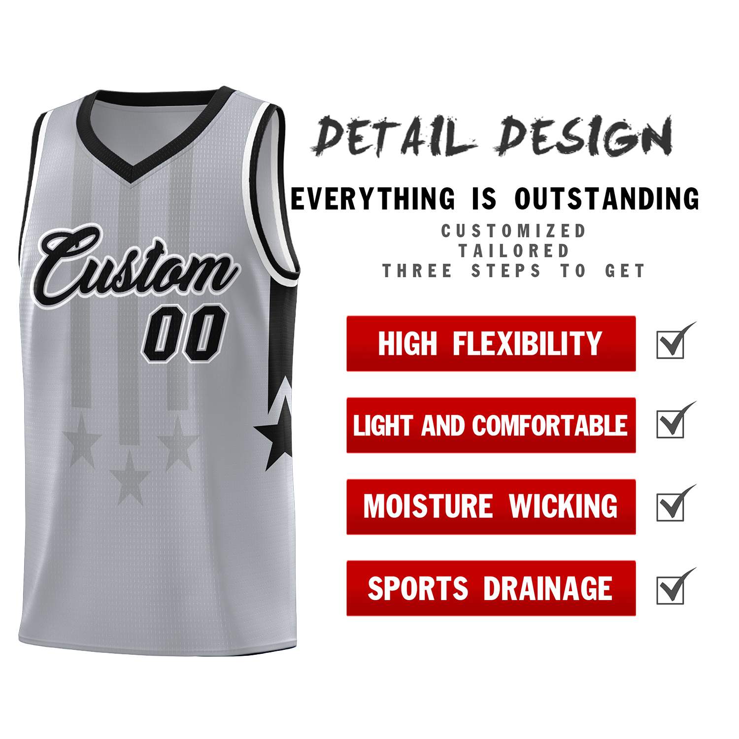 Custom Gray Black and White Gradient Star Graffiti Pattern Sports Uniform Basketball Jersey