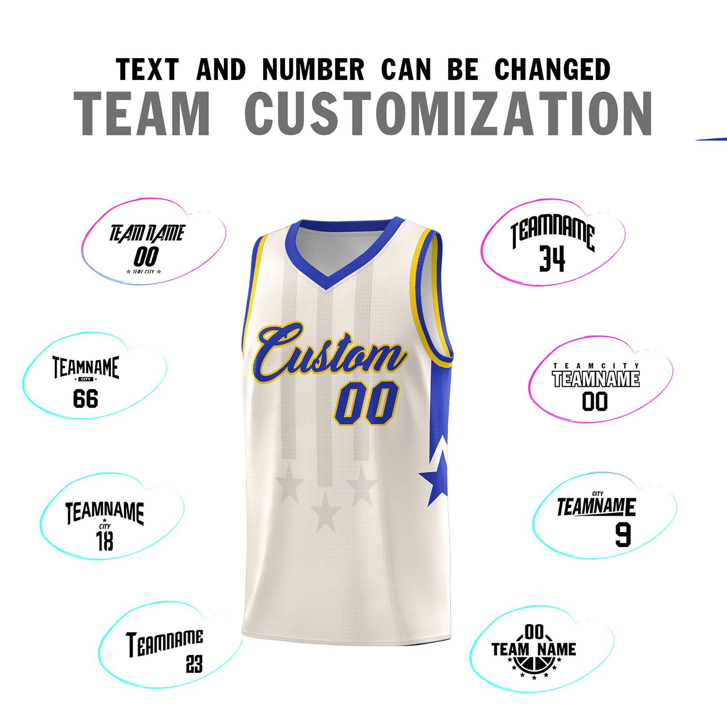 Custom Cream Royal and Gold Gradient Star Graffiti Pattern Sports Uniform Basketball Jersey