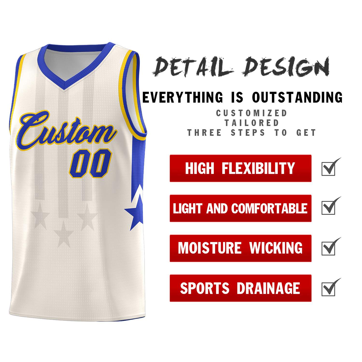 Custom Cream Royal and Gold Gradient Star Graffiti Pattern Sports Uniform Basketball Jersey