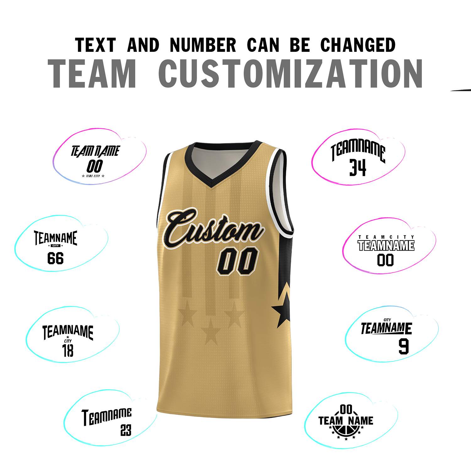 Custom Old Gold Black and White Gradient Star Graffiti Pattern Sports Uniform Basketball Jersey
