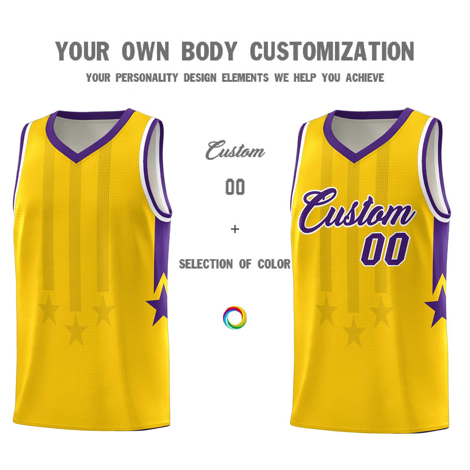 Custom Gold Purple and White Gradient Star Graffiti Pattern Sports Uniform Basketball Jersey