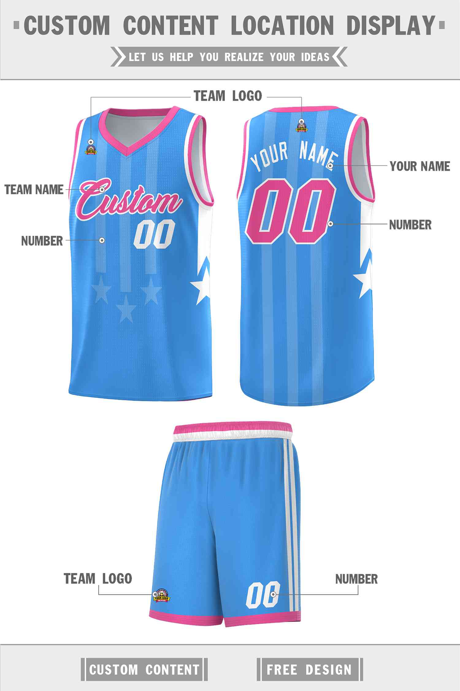Custom Powder Blue Pink and White Gradient Star Graffiti Pattern Sports Uniform Basketball Jersey