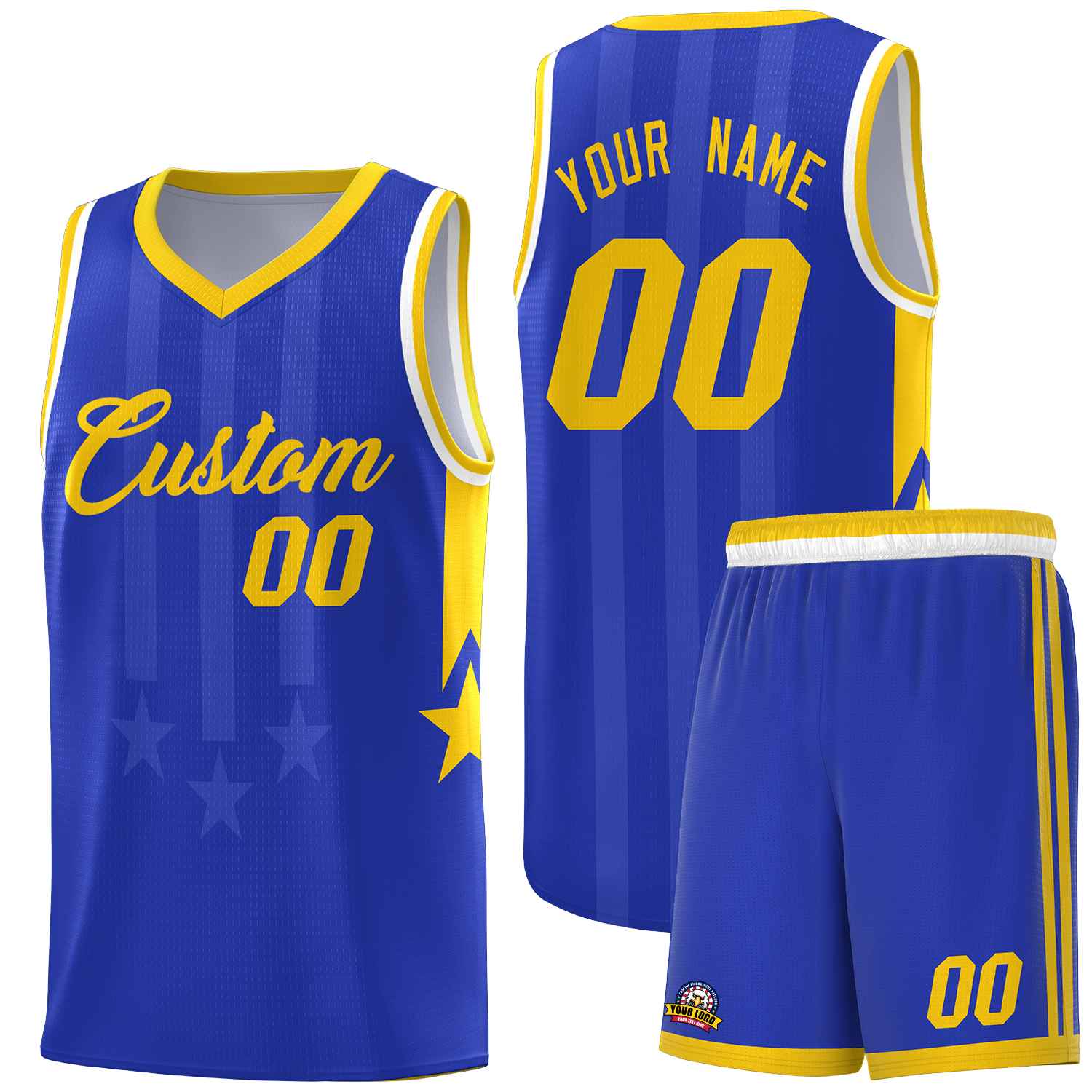 Custom Royal Gold and White Gradient Star Graffiti Pattern Sports Uniform Basketball Jersey