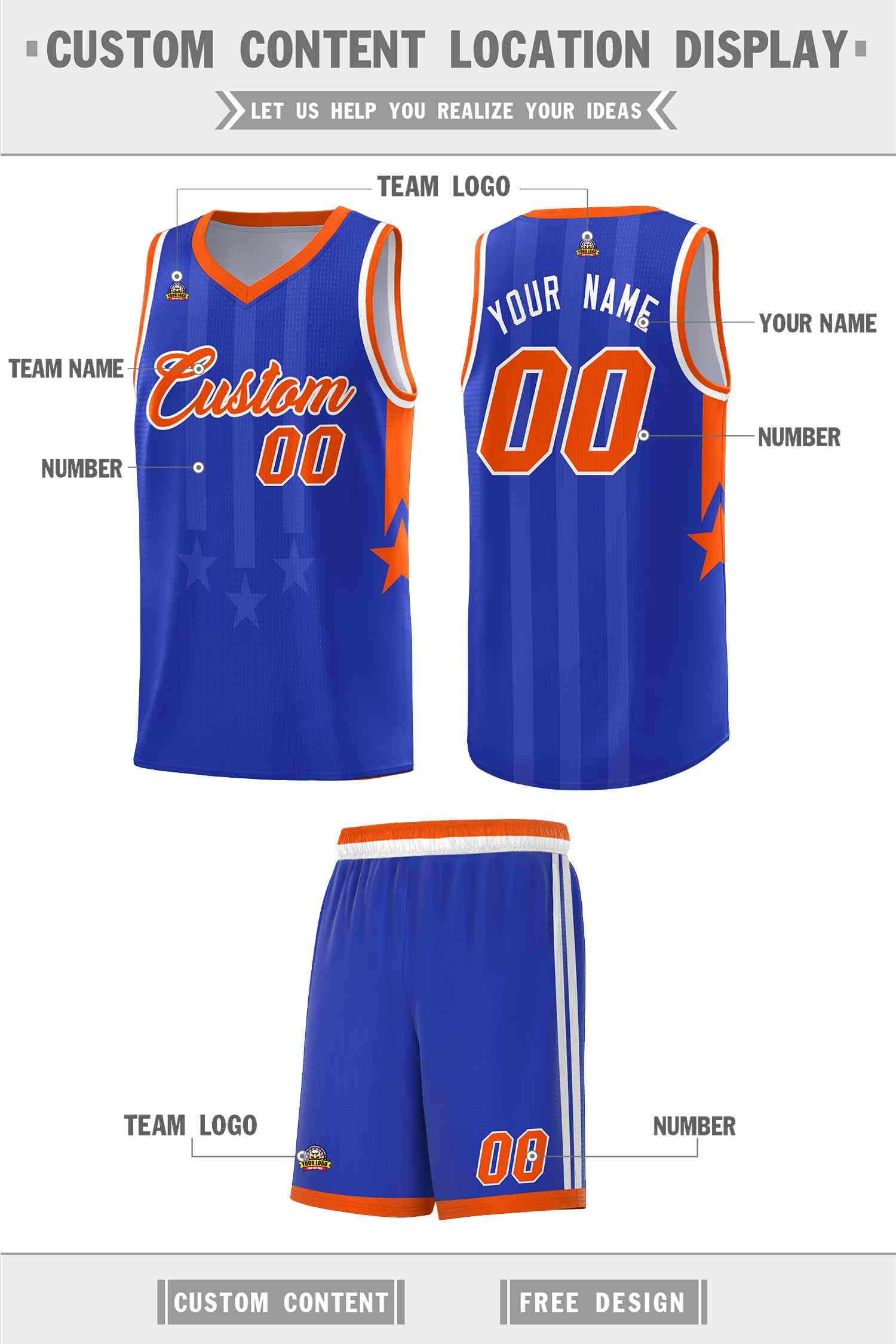 Custom Royal Orange and White Gradient Star Graffiti Pattern Sports Uniform Basketball Jersey