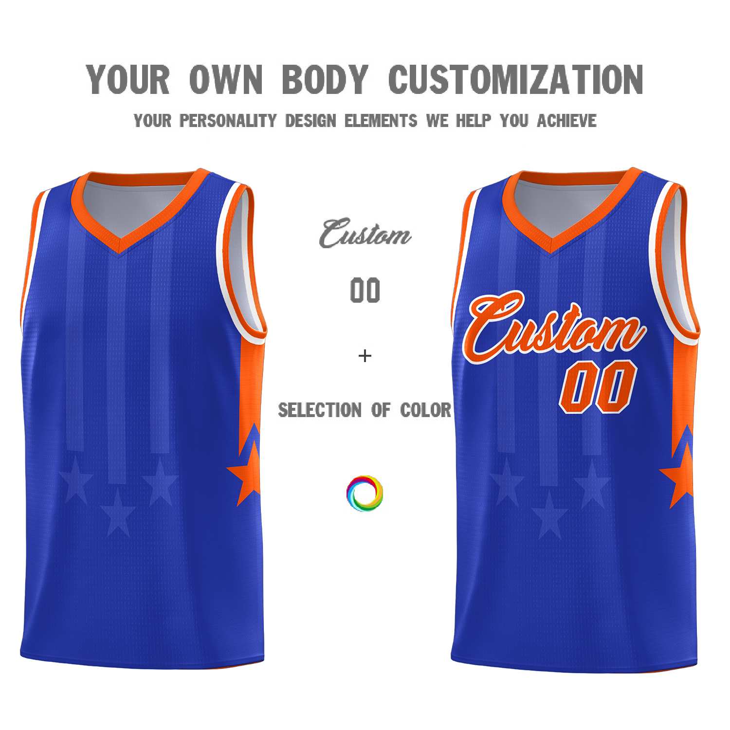 Custom Royal Orange and White Gradient Star Graffiti Pattern Sports Uniform Basketball Jersey