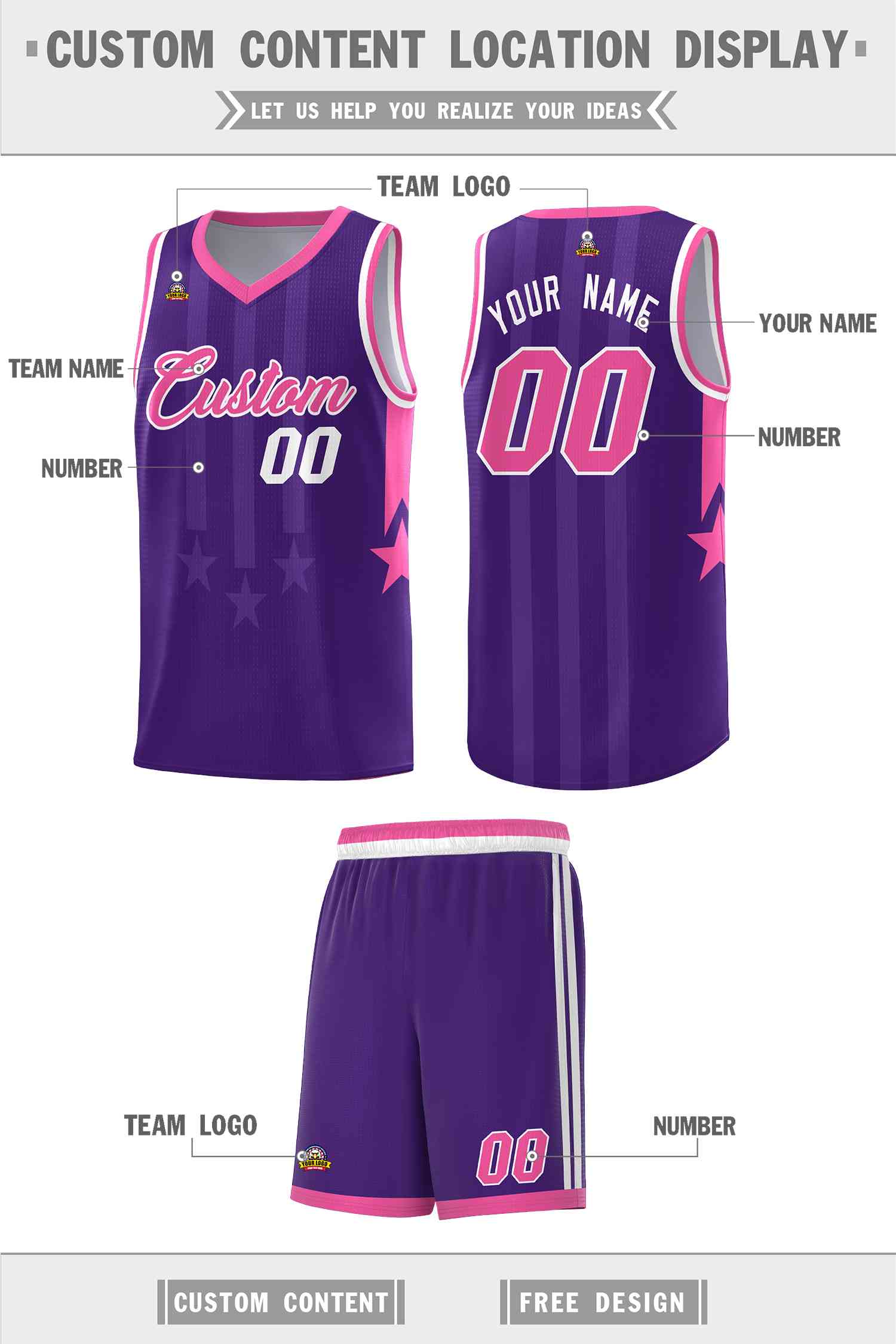 Custom Purple Pink and White Gradient Star Graffiti Pattern Sports Uniform Basketball Jersey