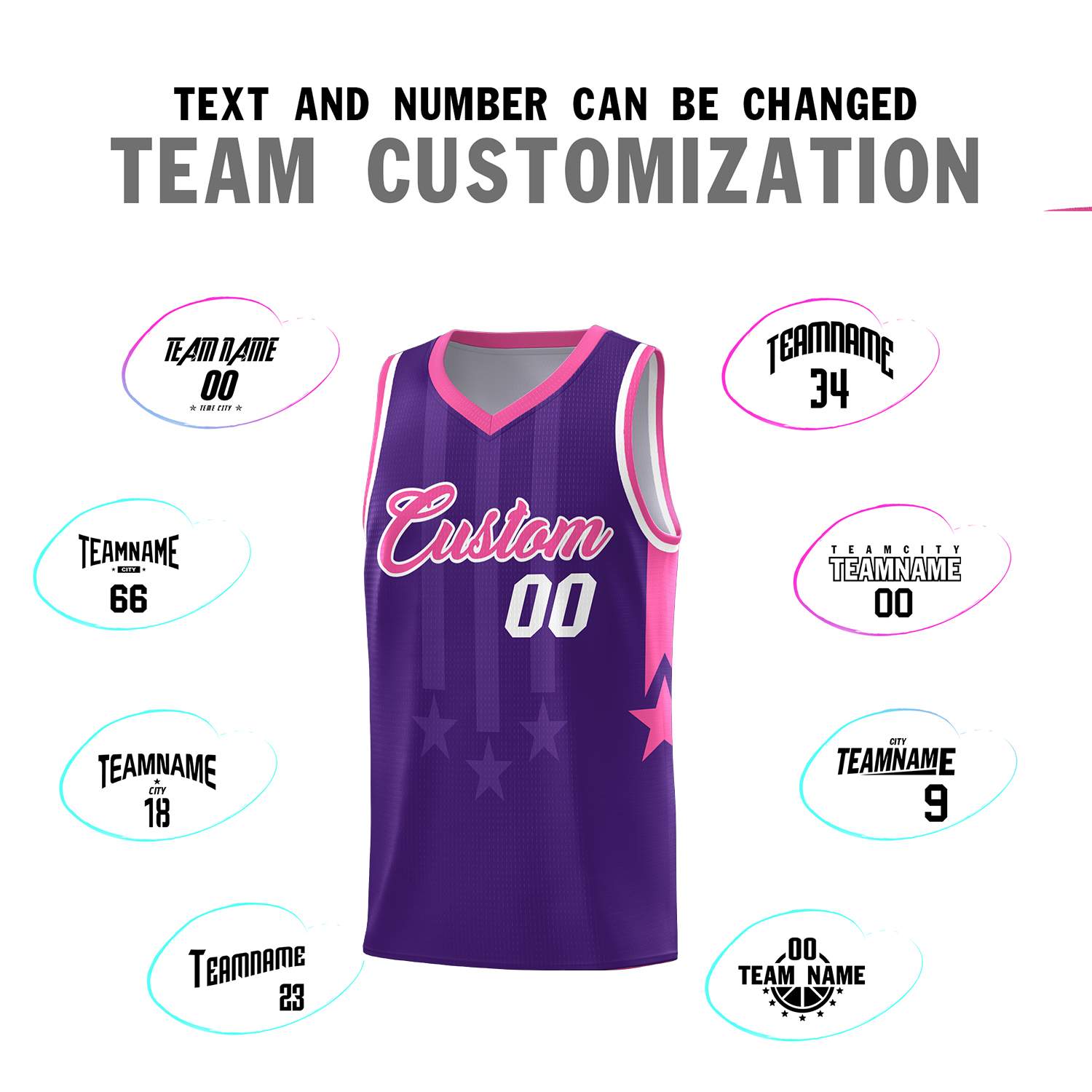 Custom Purple Pink and White Gradient Star Graffiti Pattern Sports Uniform Basketball Jersey