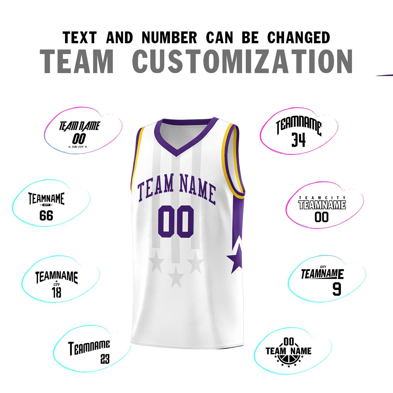 Custom White Purple and Gold Gradient Star Graffiti Pattern Sports Uniform Basketball Jersey