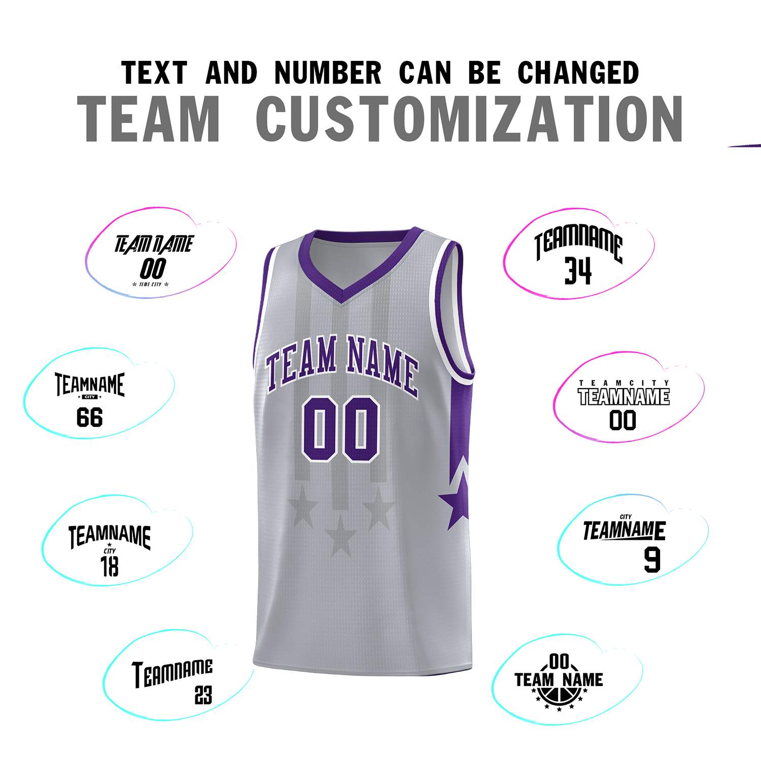 Custom Gray Purple and White Gradient Star Graffiti Pattern Sports Uniform Basketball Jersey