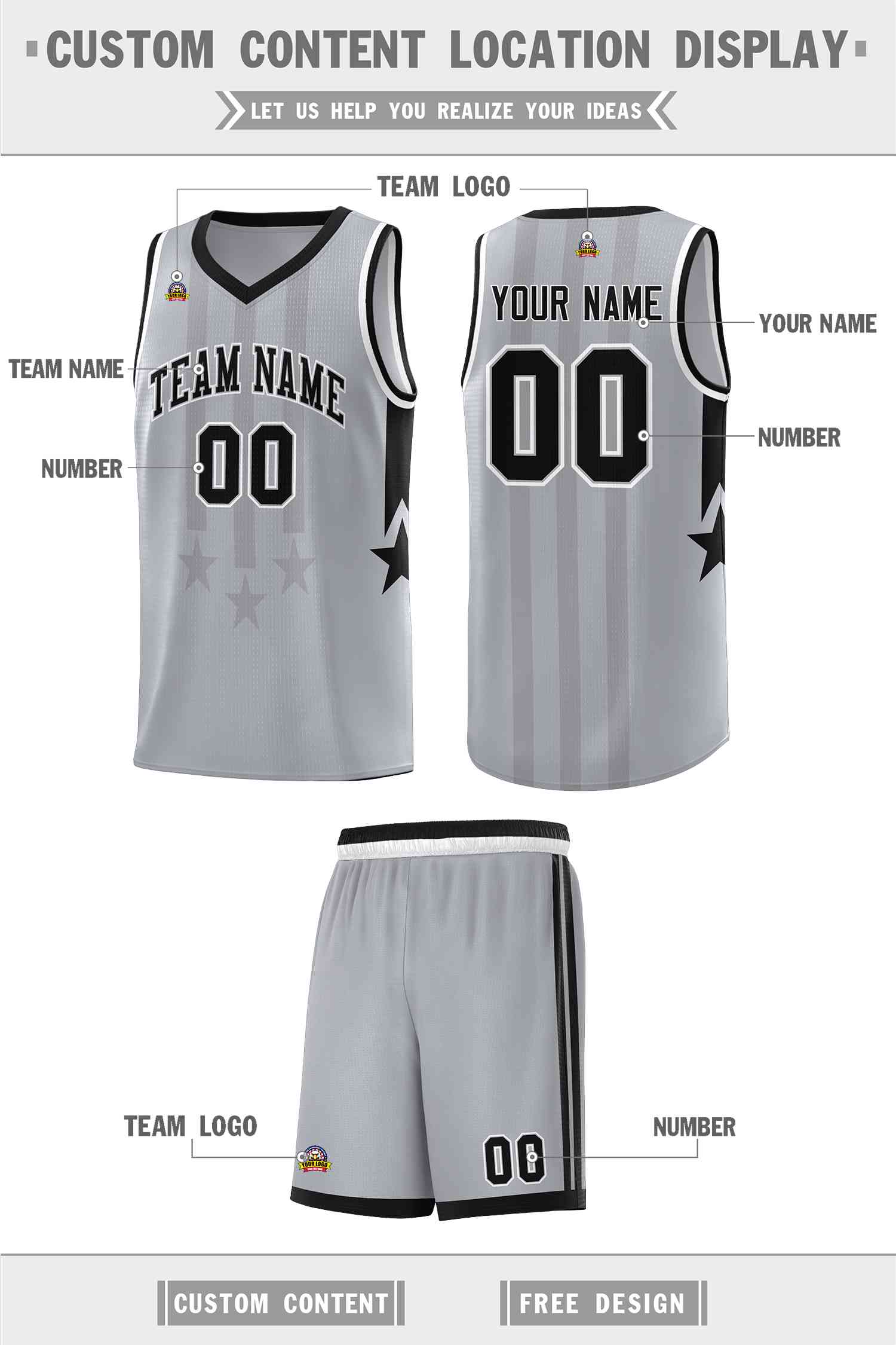Custom Gray Black and White Gradient Star Graffiti Pattern Sports Uniform Basketball Jersey