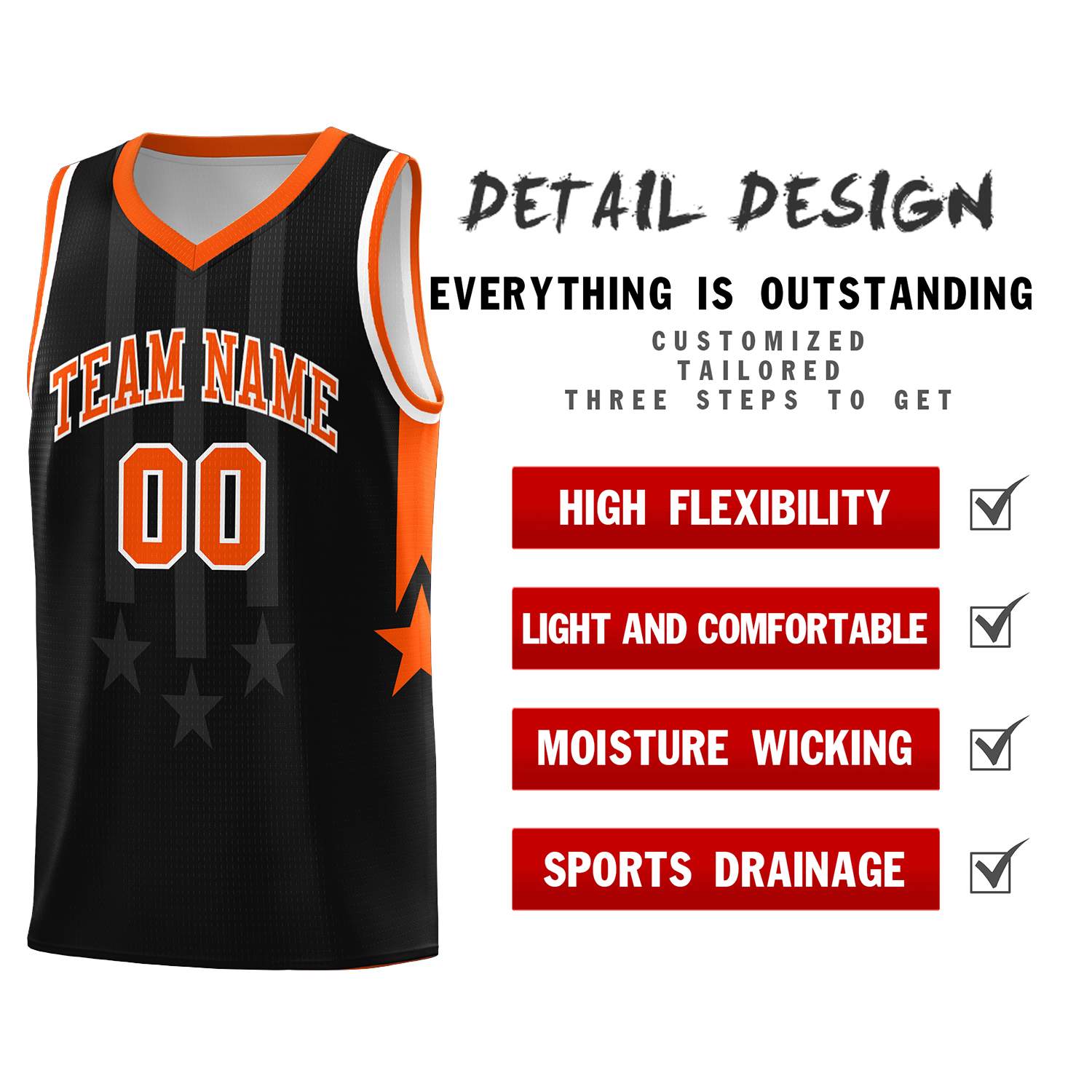 Custom Black Orange and White Gradient Star Graffiti Pattern Sports Uniform Basketball Jersey