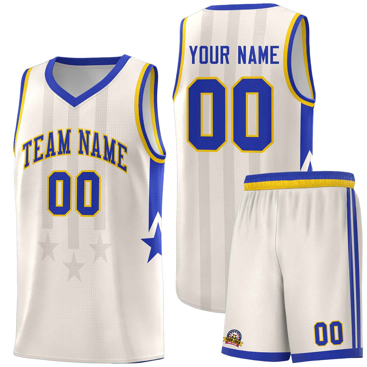 Custom Cream Royal and Gold Gradient Star Graffiti Pattern Sports Uniform Basketball Jersey