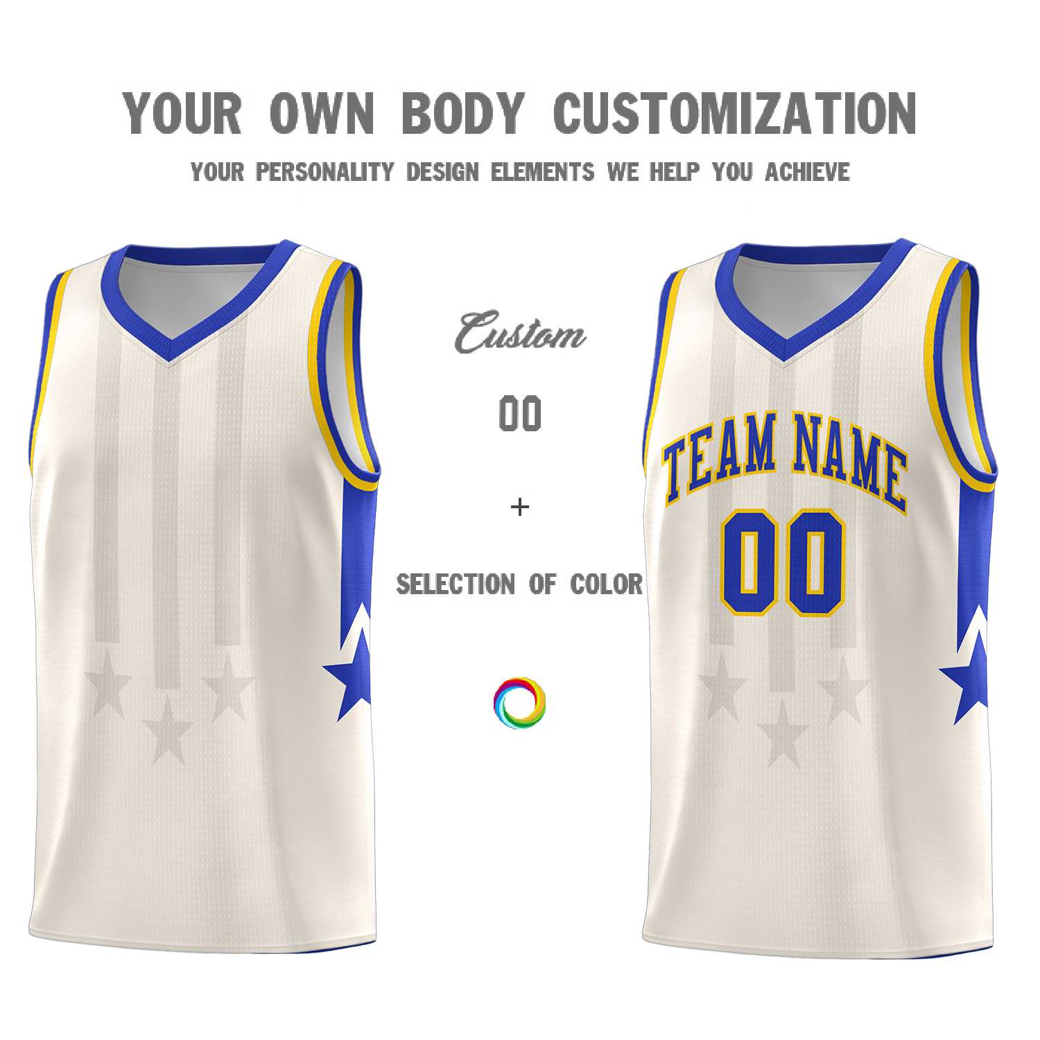 Custom Cream Royal and Gold Gradient Star Graffiti Pattern Sports Uniform Basketball Jersey