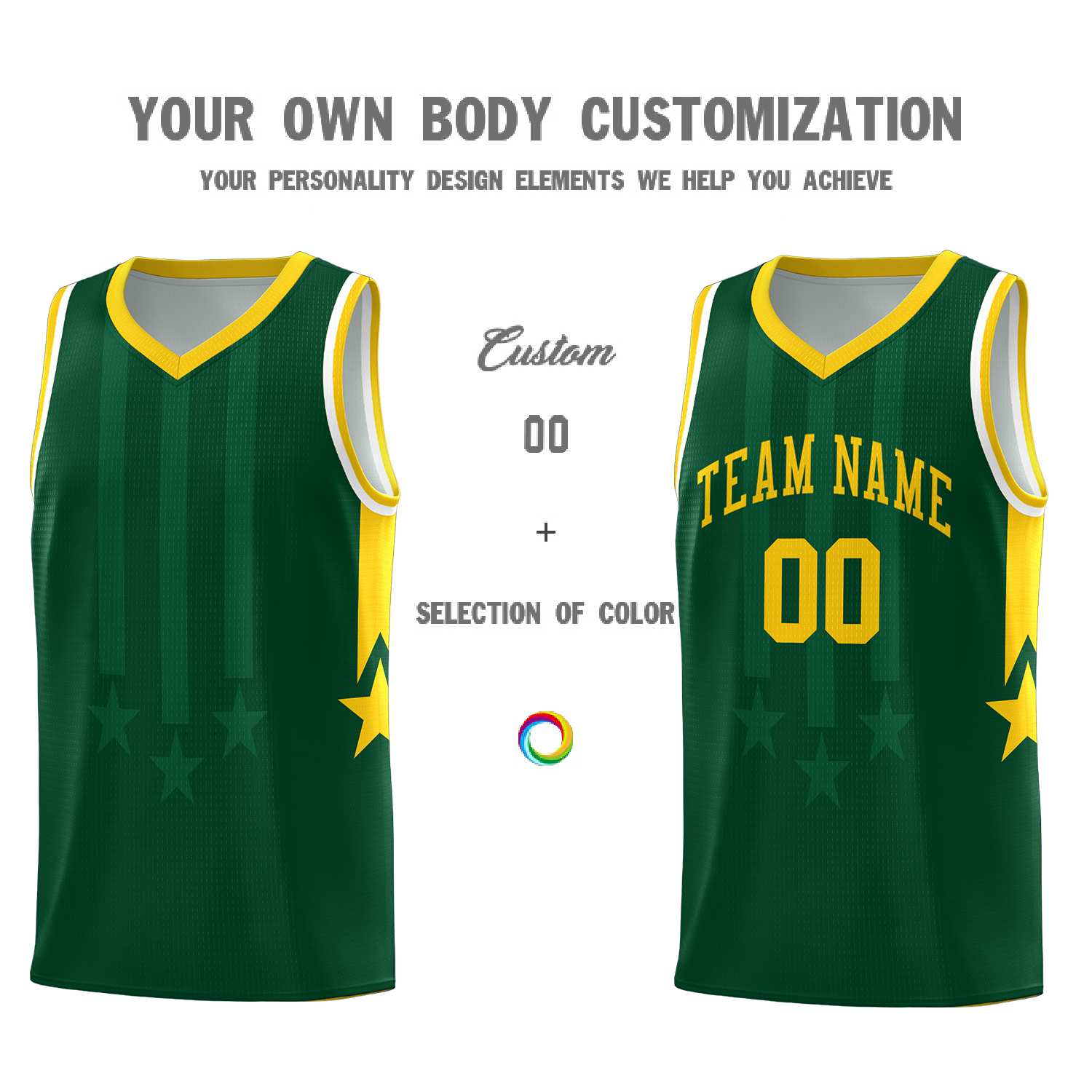 Custom Green Gold and White Gradient Star Graffiti Pattern Sports Uniform Basketball Jersey