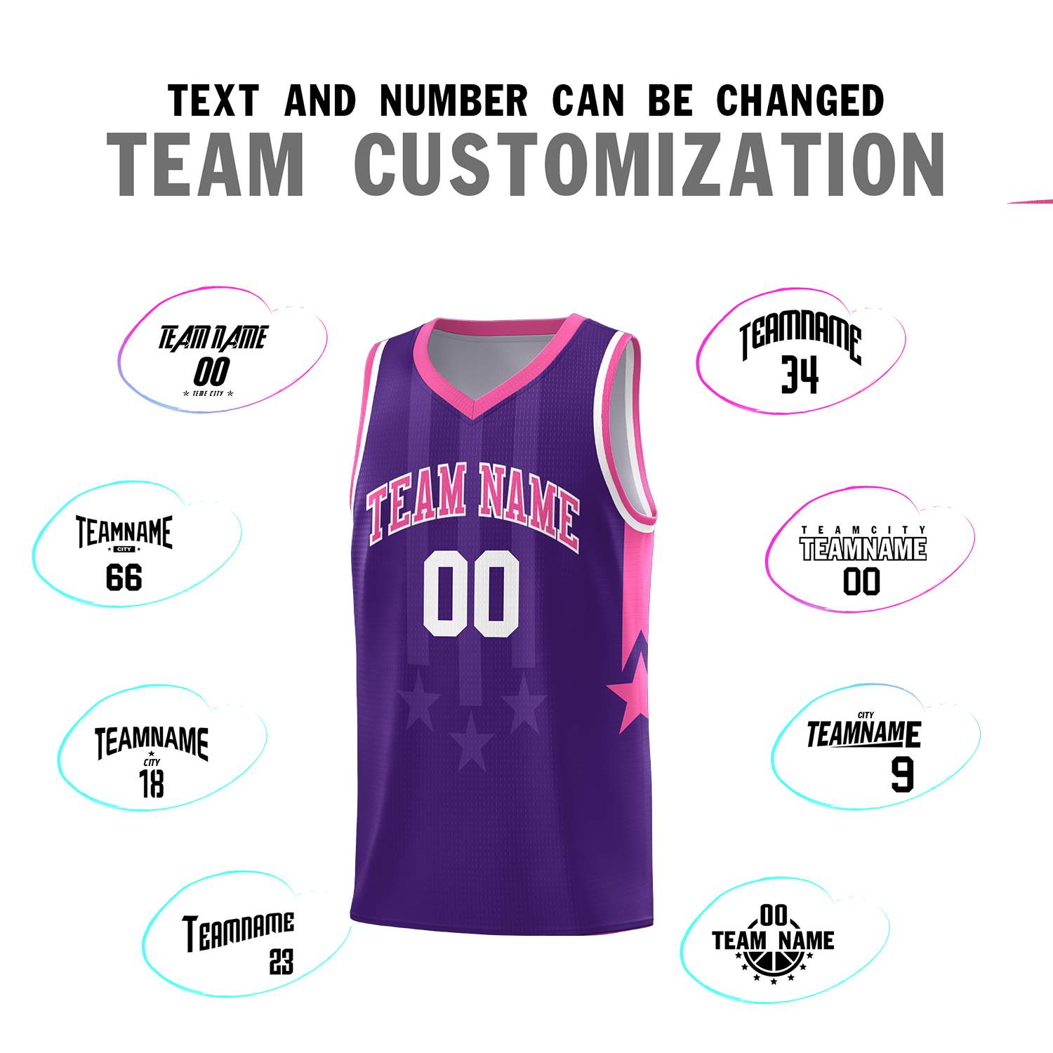 Custom Purple Pink and White Gradient Star Graffiti Pattern Sports Uniform Basketball Jersey